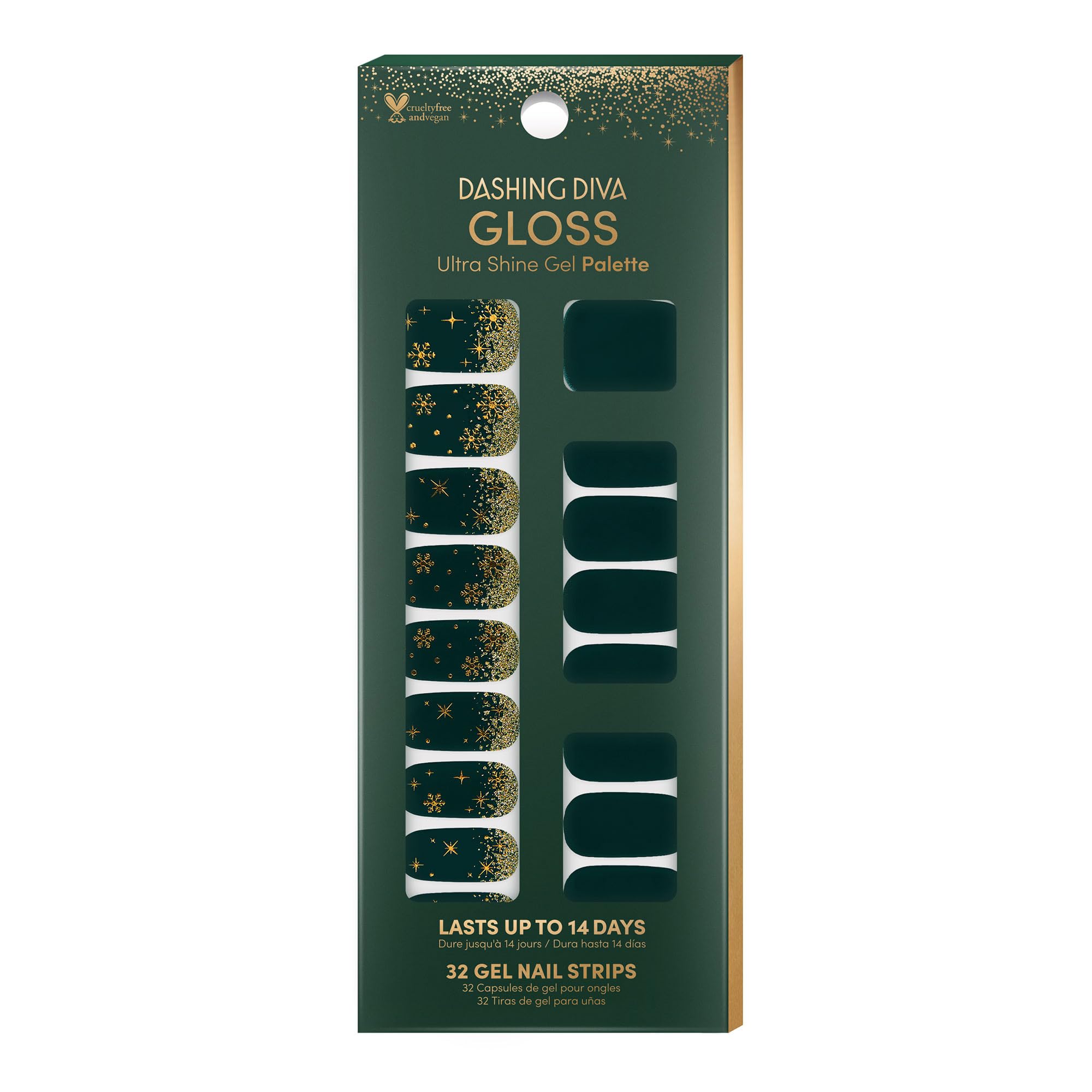 Dashing Diva Gloss Nail Strips Deck the Halls forest green with gold snowflakes for fast, salon-quality shine.