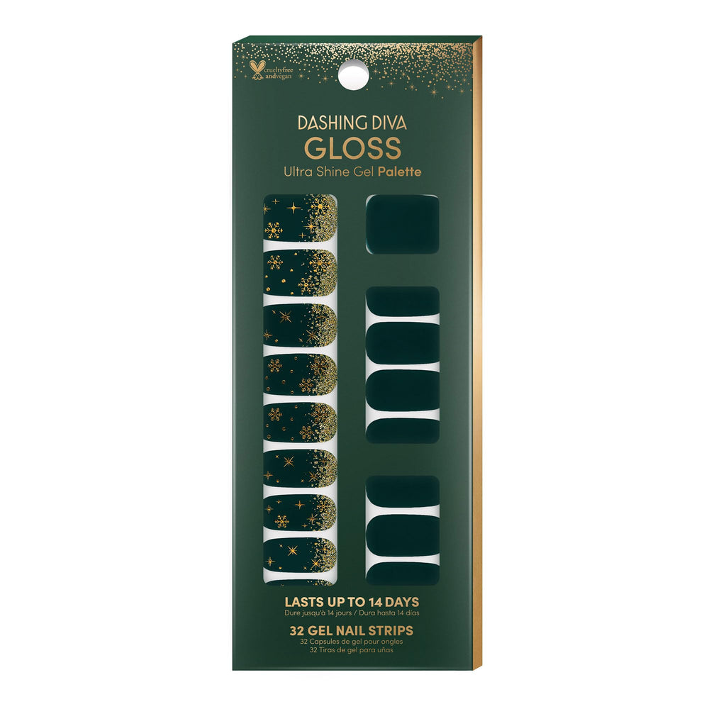 Dashing Diva Gloss Nail Strips Deck the Halls forest green with gold snowflakes for fast, salon-quality shine.