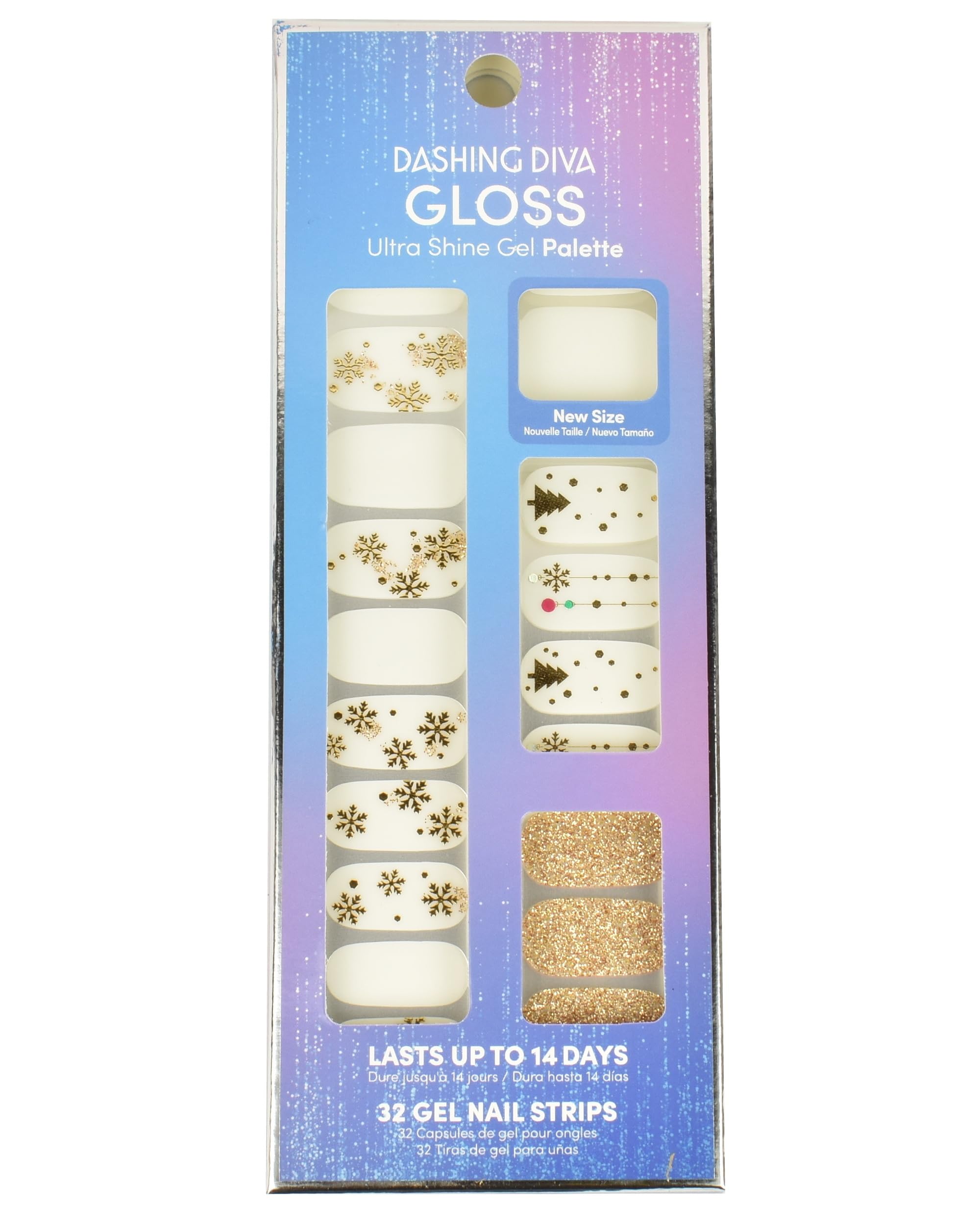 Dashing Diva Gloss Nail Strips Yuletide Cheer with snowflake design for festive, long-lasting UV-free nails