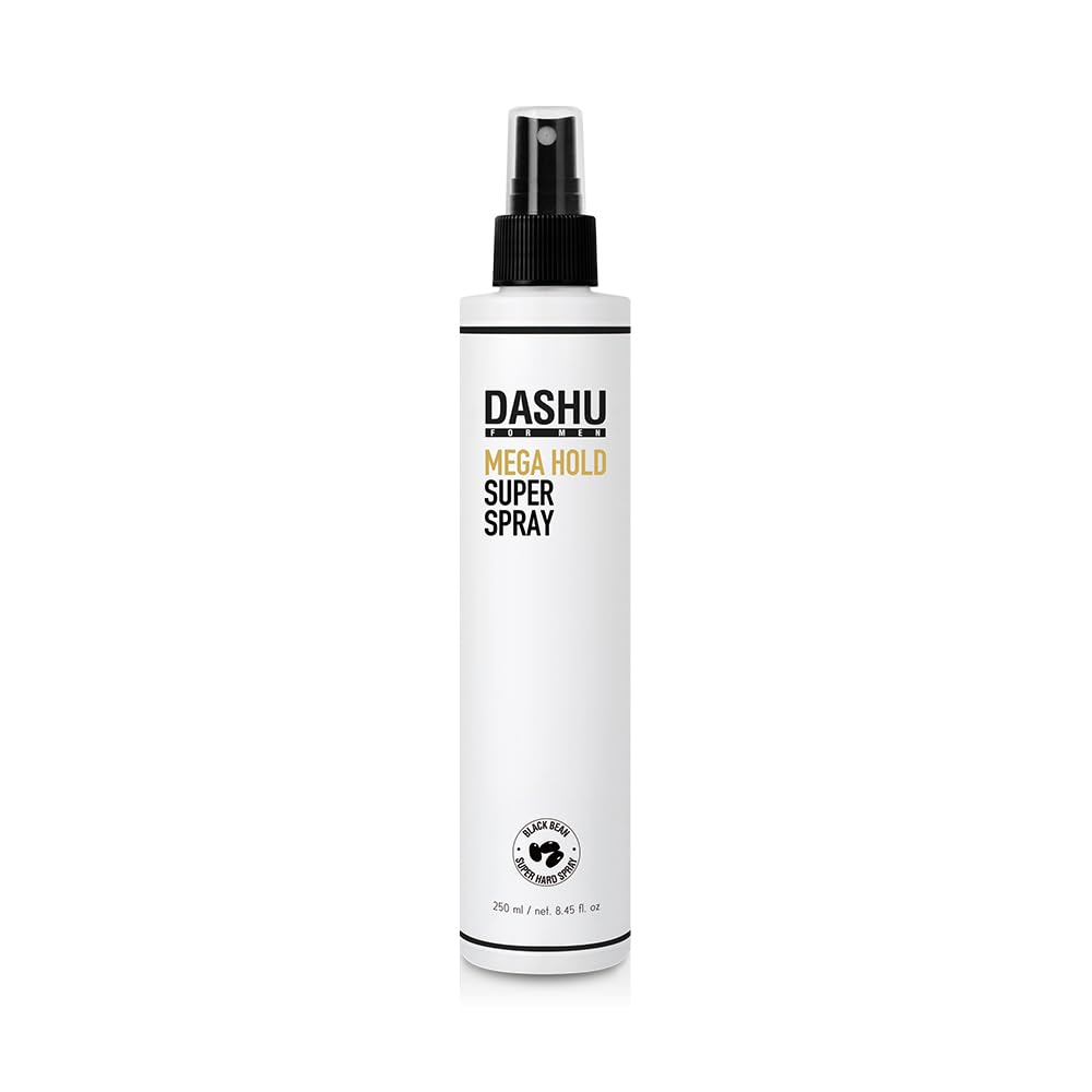 DASHU Mega Hold Super Spray application mist demonstrates even coverage for lasting style.