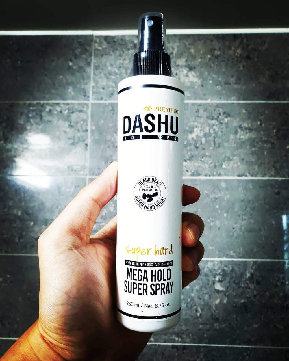 DASHU Mega Hold Super Spray close-up displays natural finish and flexible hold.