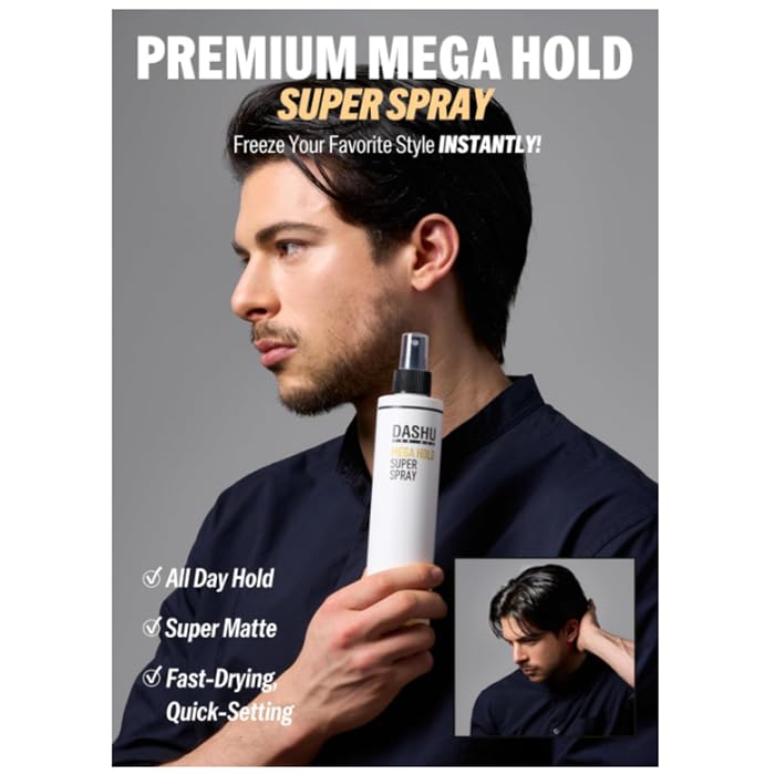 DASHU Mega Hold Super Spray spray stream shows strong hold without stiffness.
