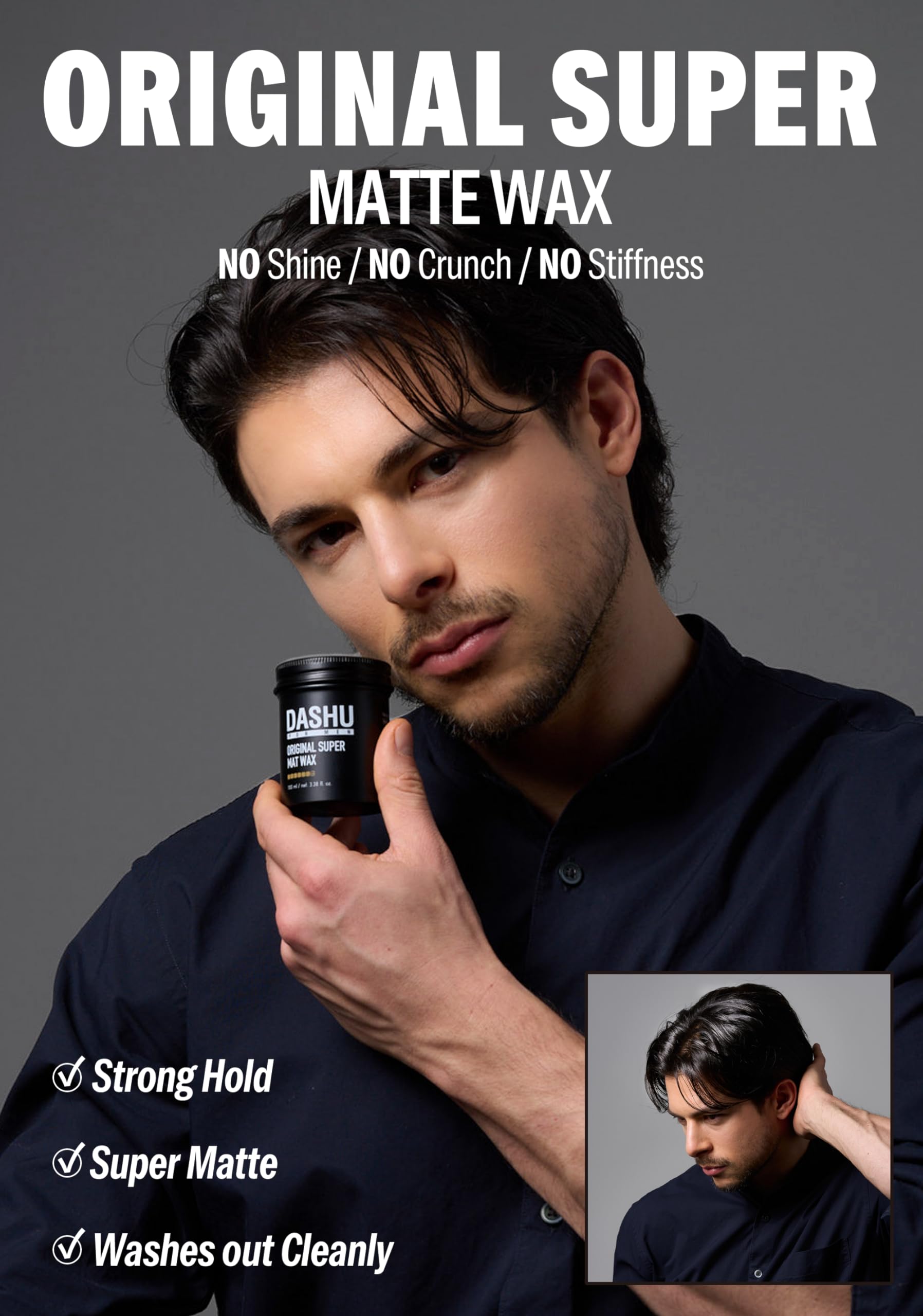 DASHU matte-wax jar with strong hold and no shine for daily looks.