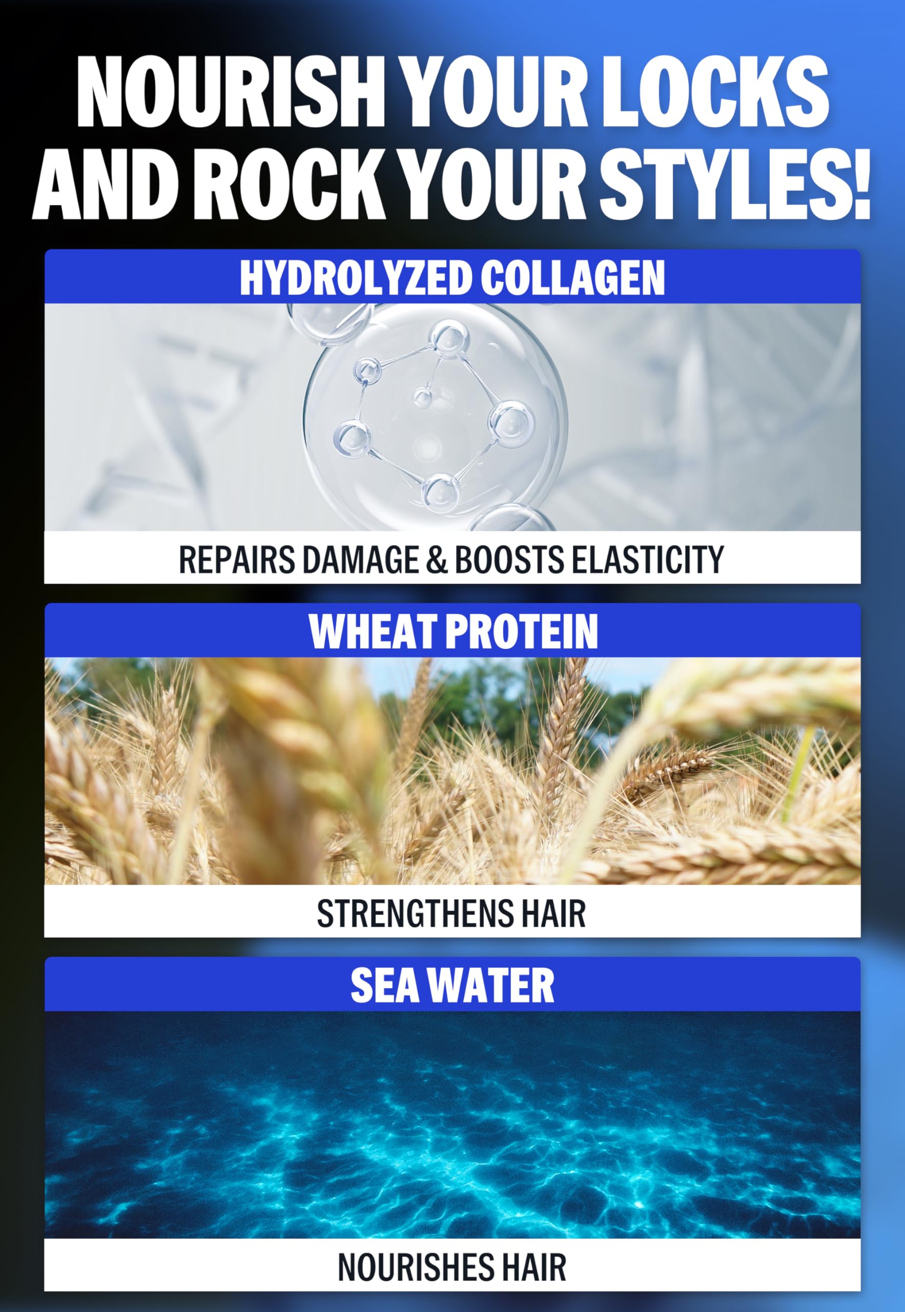 DASHU Ultra Holding Power Wax ingredients closeup underscores collagen protein for healthier-looking hair.