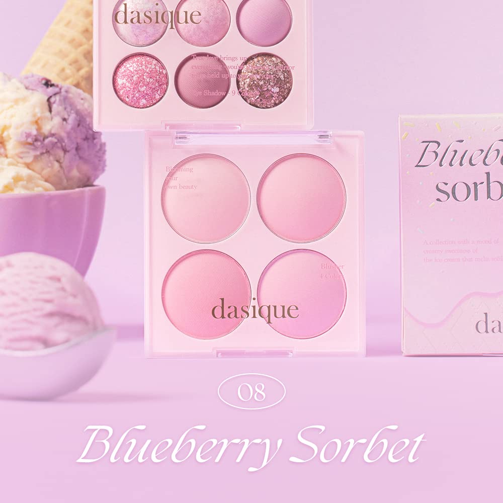Dasique Blending Mood Cheek 08 Blueberry Sorbet swatches show four buildable tones.