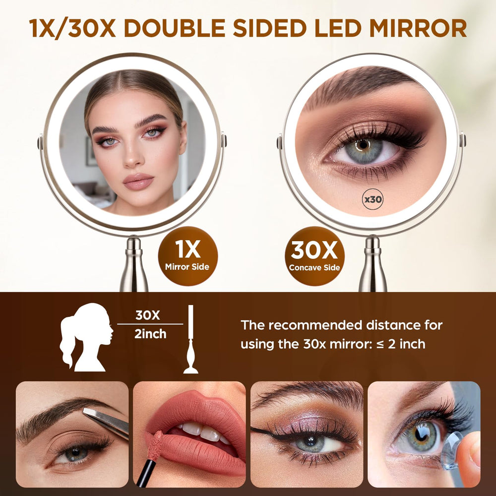 DASLAVA makeup mirror in brushed nickel with 360° rotation for flexible viewing.