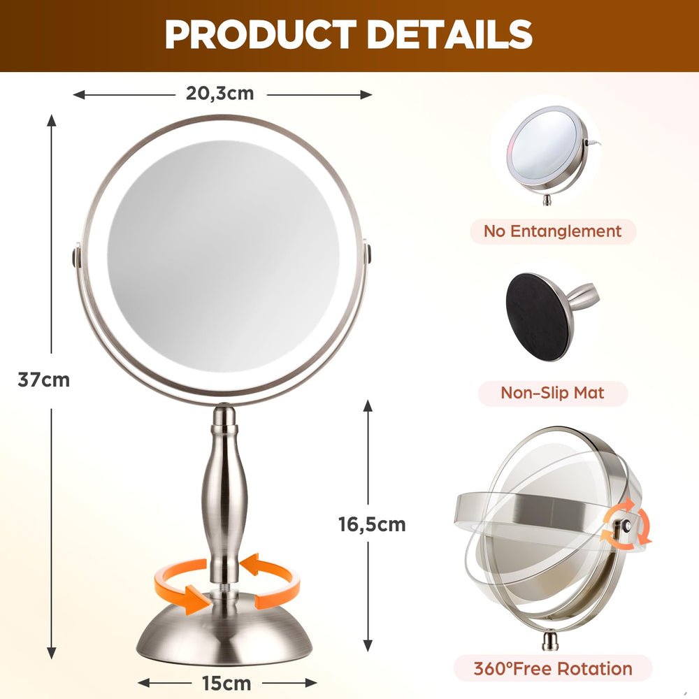 DASLAVA makeup mirror showing three-color lighting for any setting.