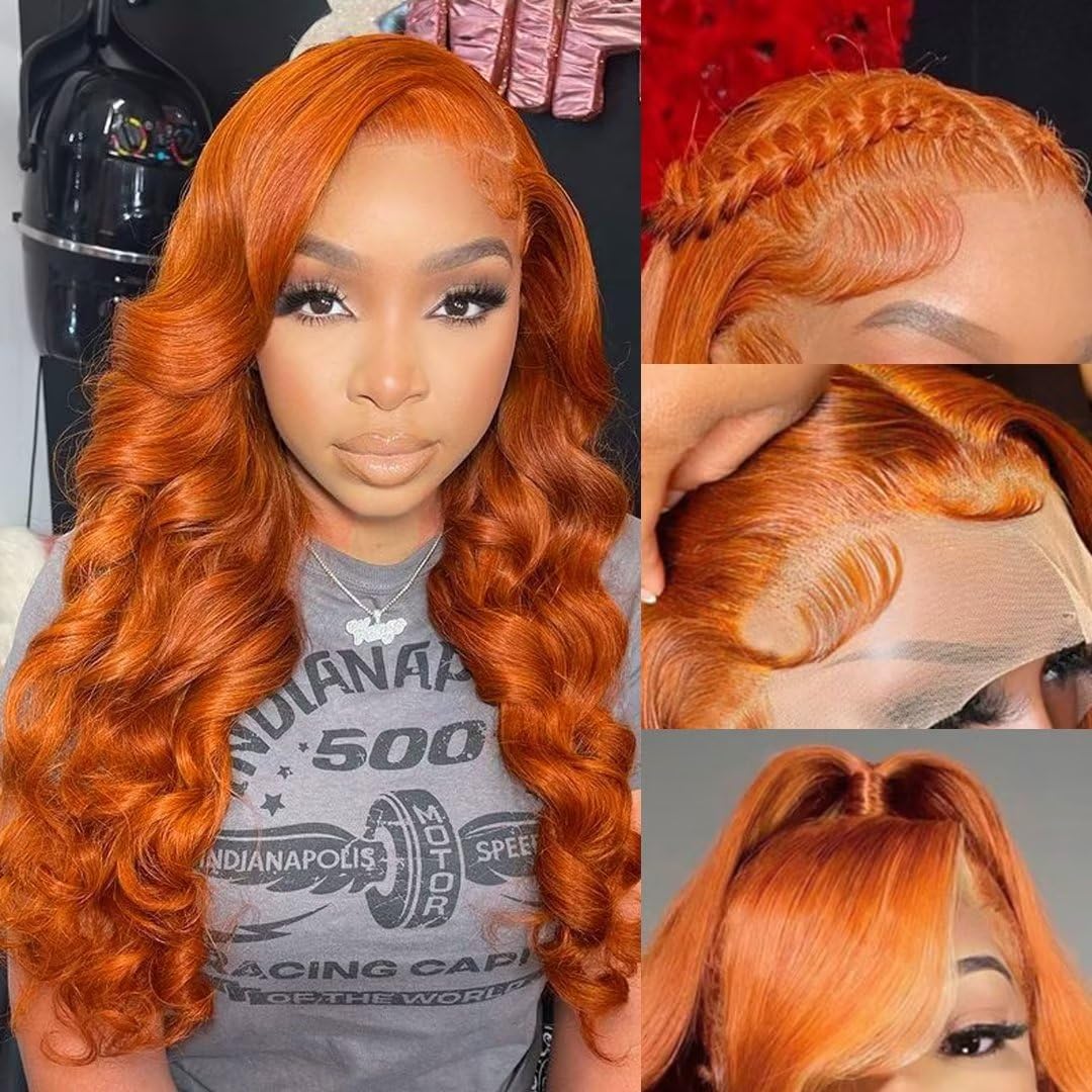 Daules 26in ginger lace front wig body wave close-up shows natural shine and thickness