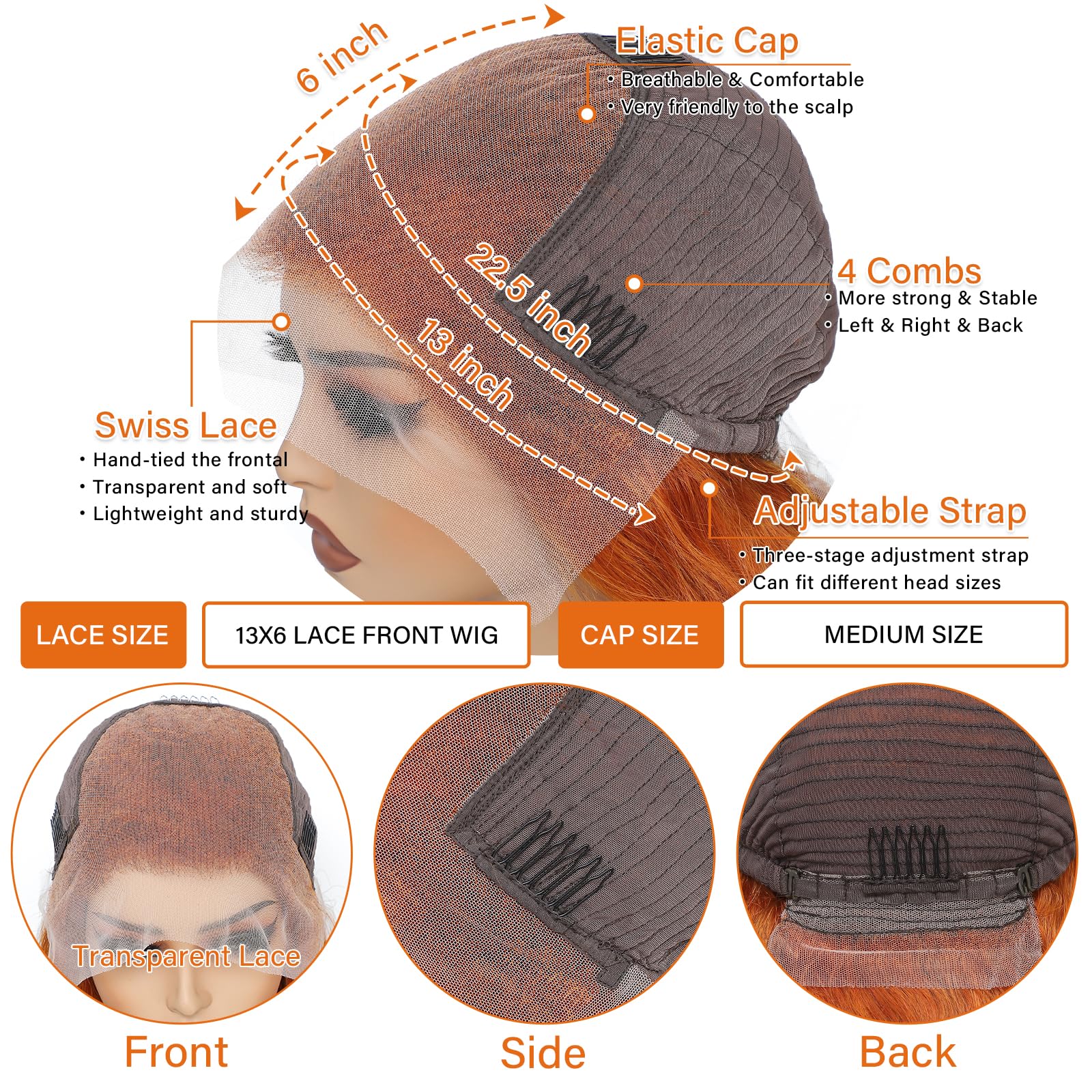 Daules ginger lace front wig glueless cap close-up for easy wear