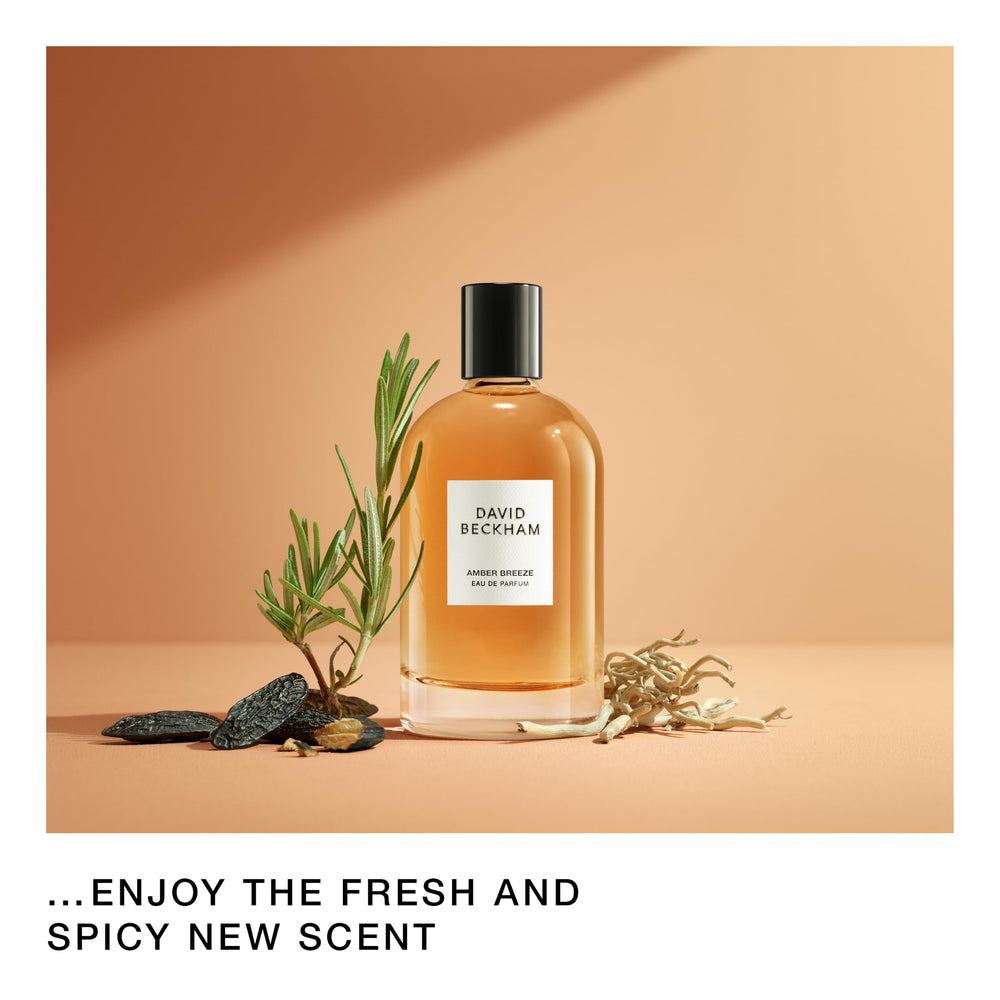 David Beckham Amber Breeze warm wood dry-down image hints at lasting woody finish.