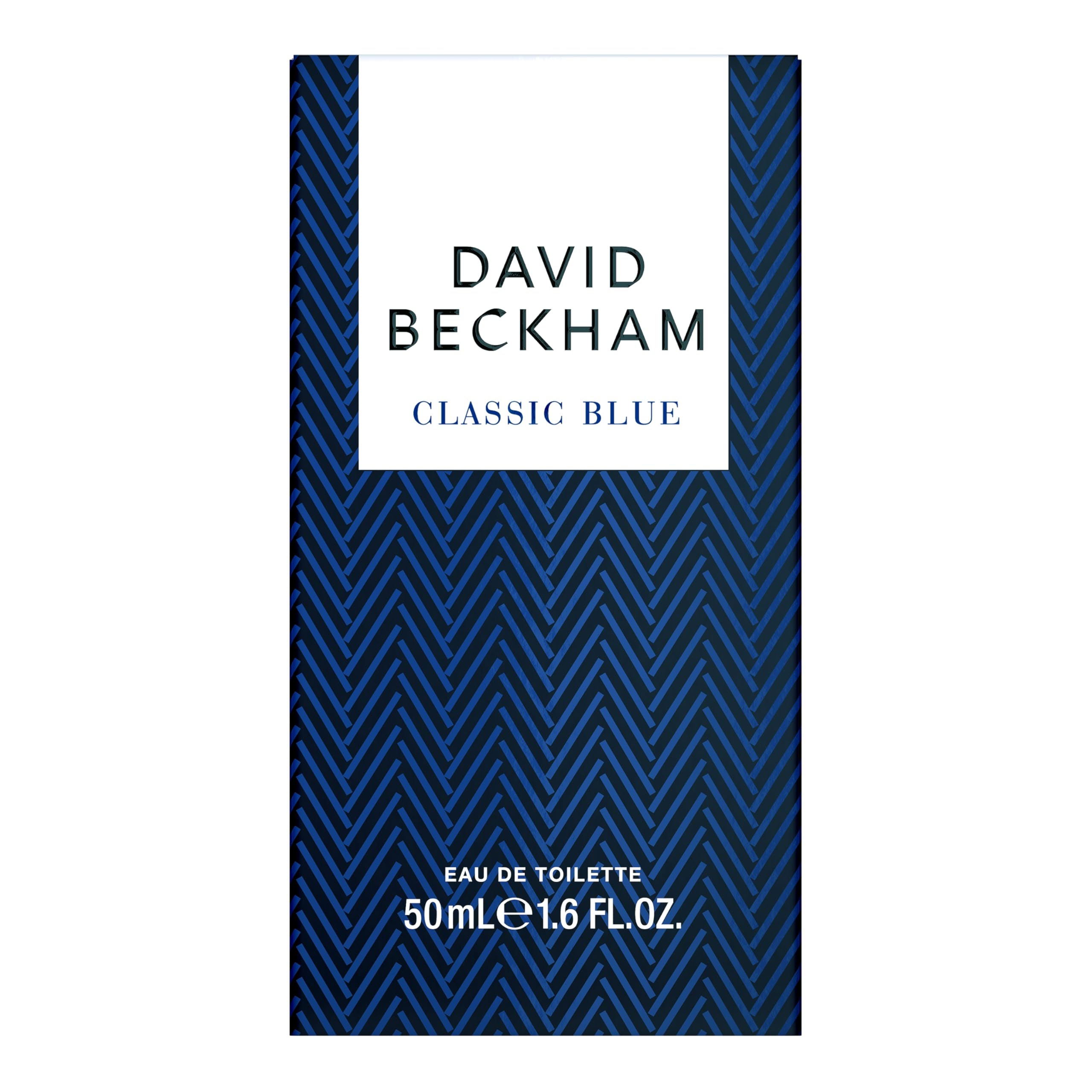 David Beckham Classic Blue metallic cap close-up against sky-blue juice.