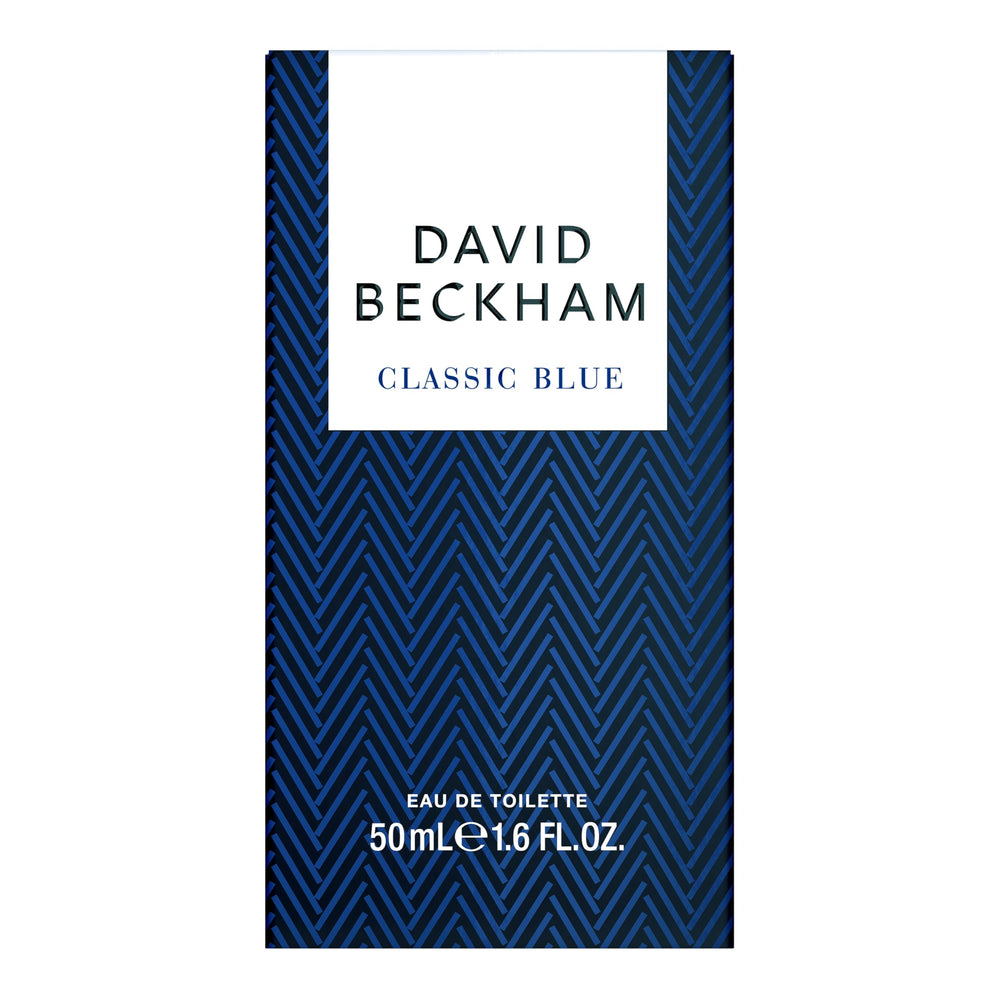 David Beckham Classic Blue metallic cap close-up against sky-blue juice.