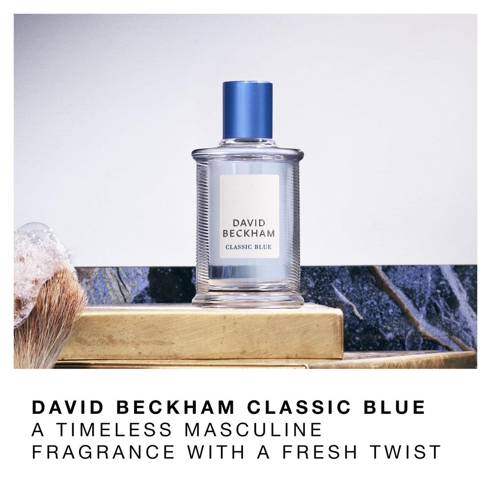 David Beckham Classic Blue spray close-up, highlighting lasting freshness for day and night.