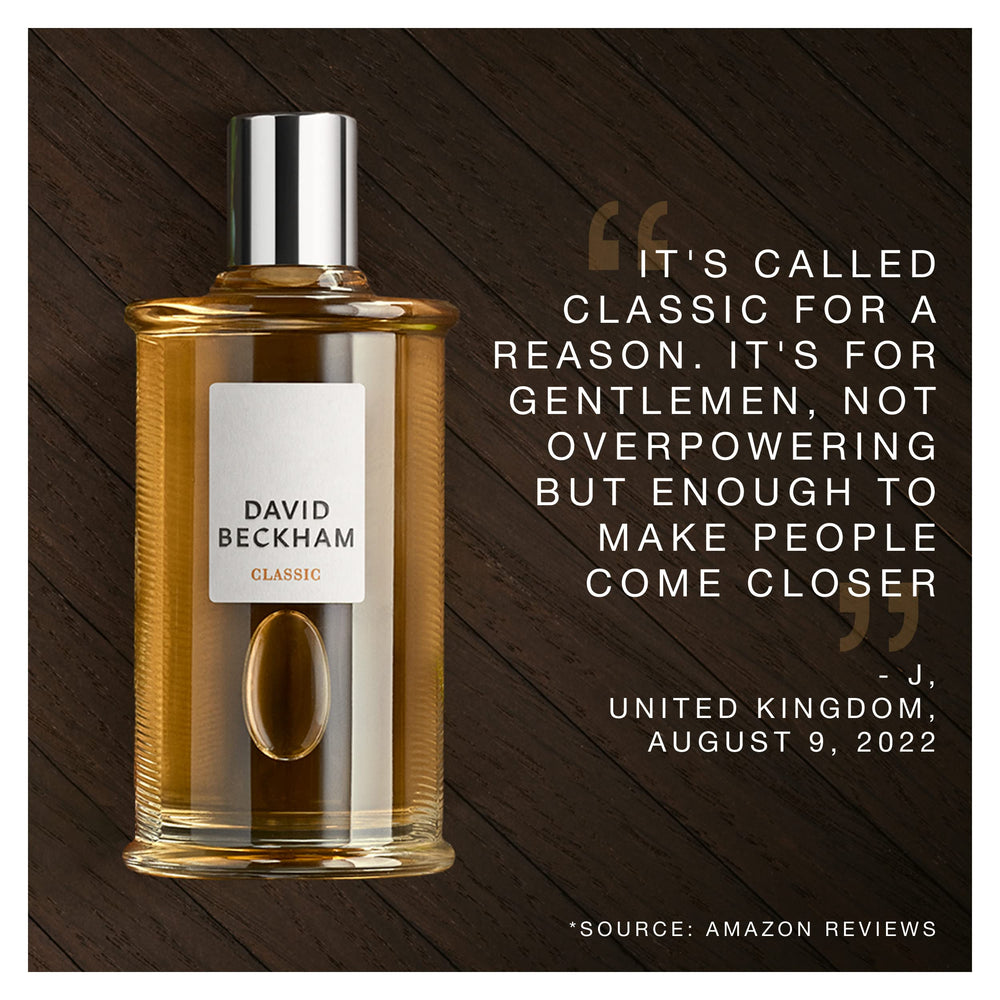 David Beckham Classic bottle cap highlights premium craftsmanship and easy spray access.