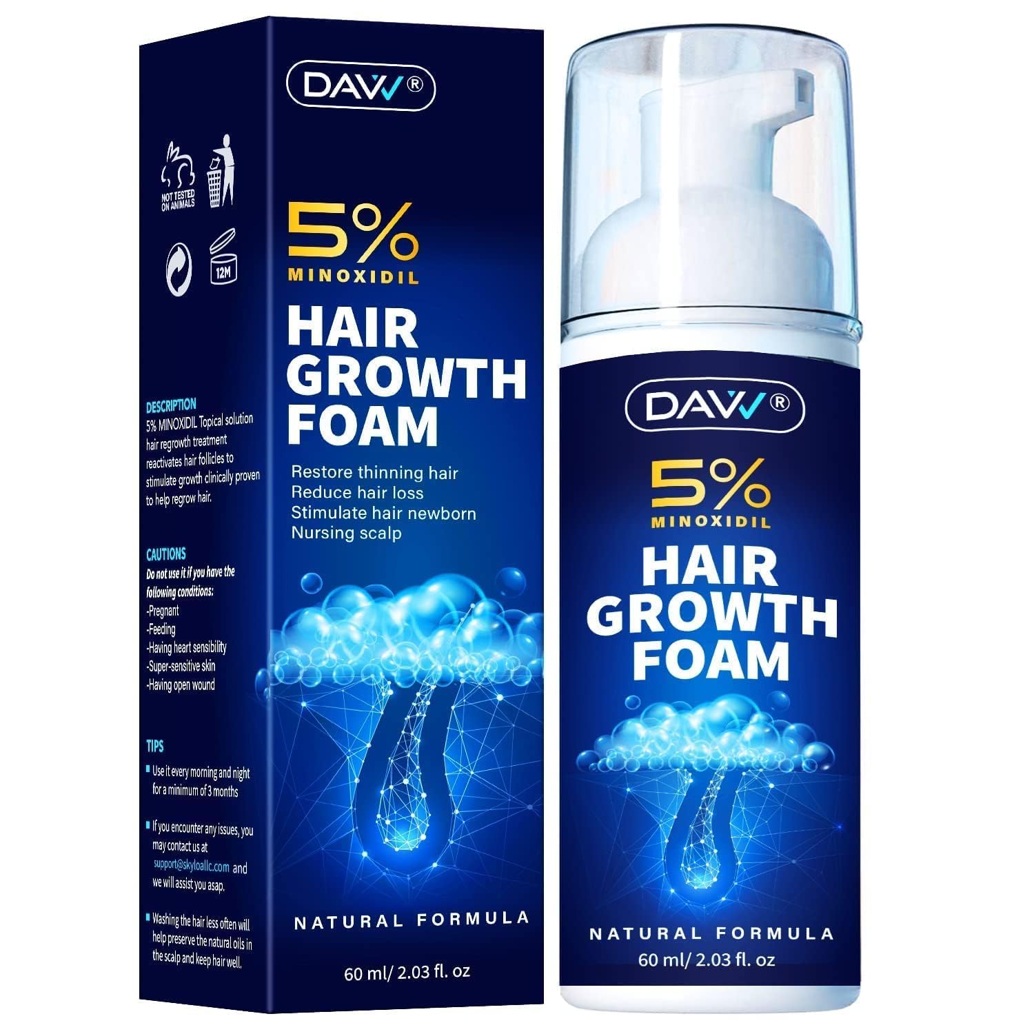 DAVV Minoxidil Foam application pump enables easy, mess-free daily use.