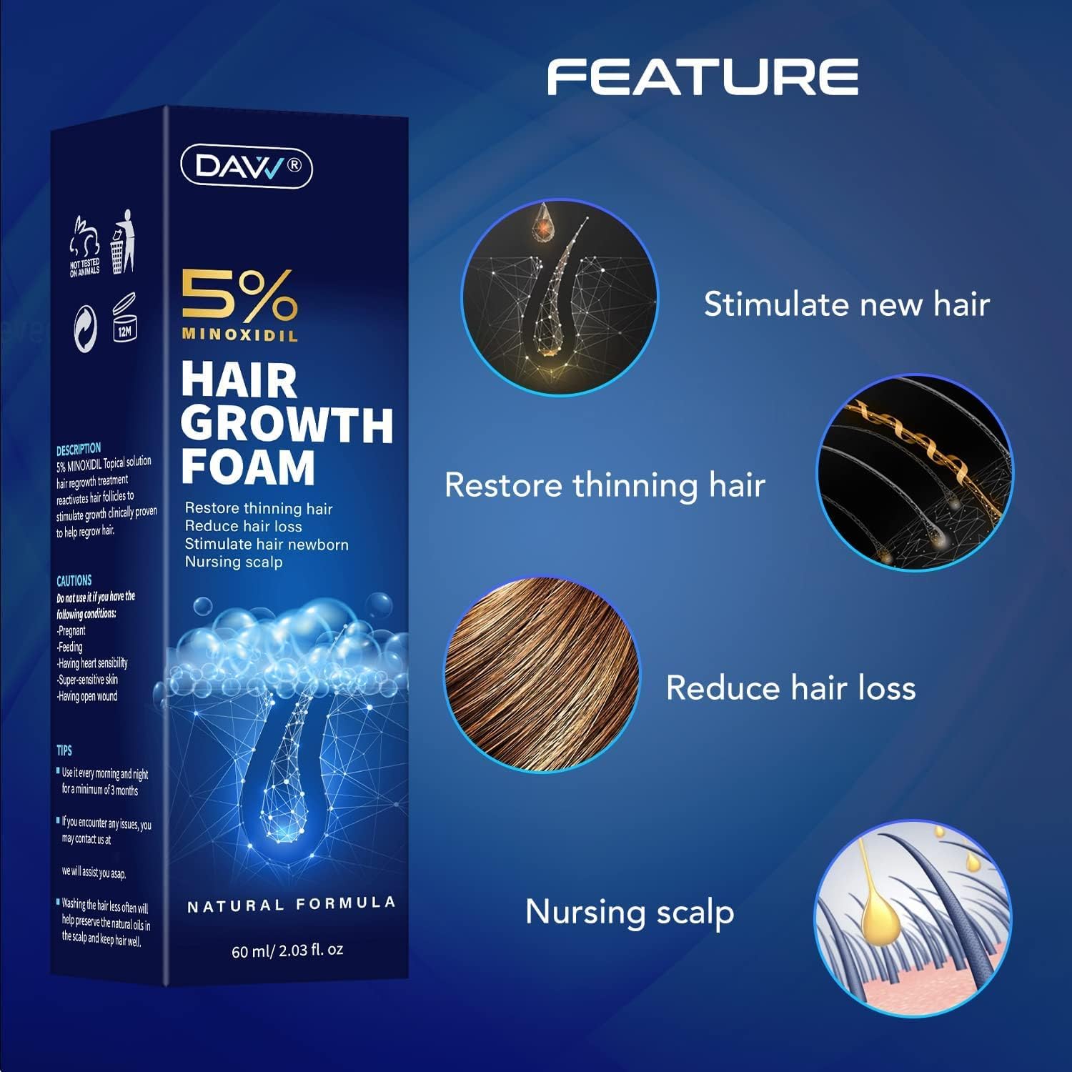 DAVV Minoxidil Foam dries quickly with no greasy residue for comfortable styling.
