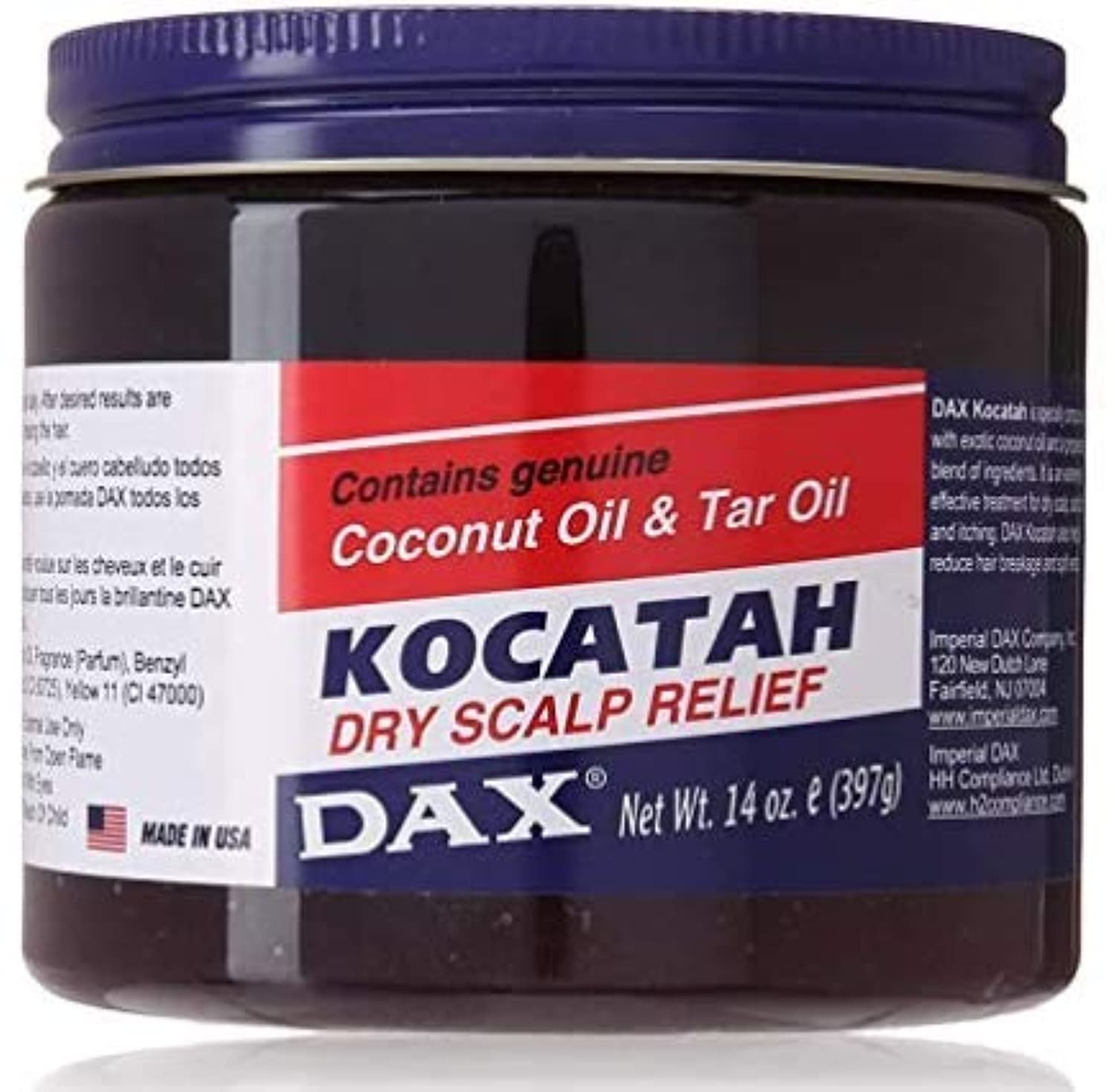 DAX Kocatah ingredients label highlighting coconut oil and tar oil for scalp nourishment.