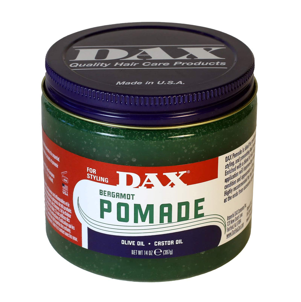 DAX Pomade 14oz bottle front view highlights hold and shine for dry hair