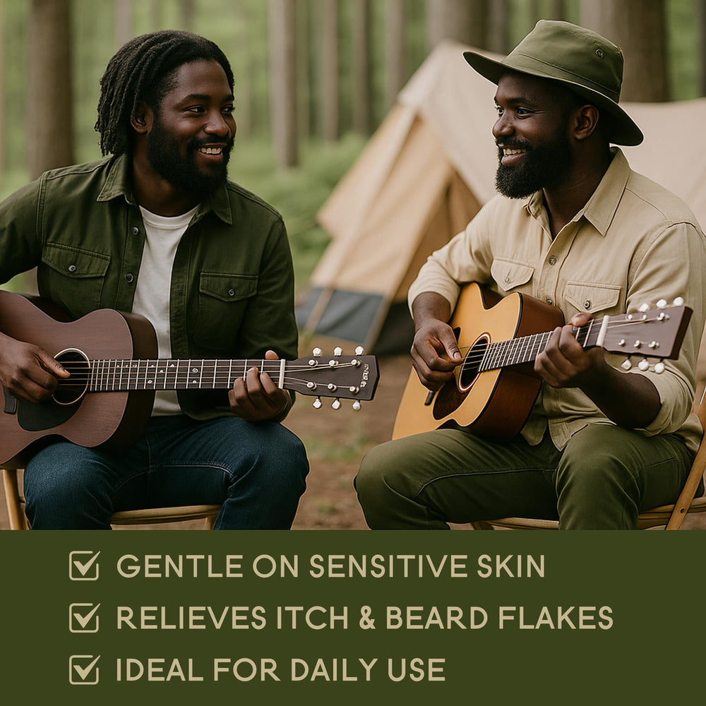 DayixCare balm application under beard for skin hydration and itch relief.