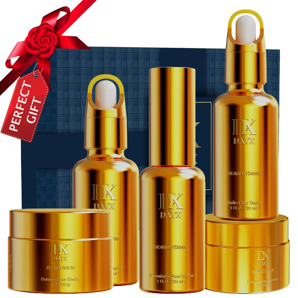 DayixCare Beard Kit for Black Men oil-balm closeup highlights nourishing oils for softer, healthier-looking facial hair