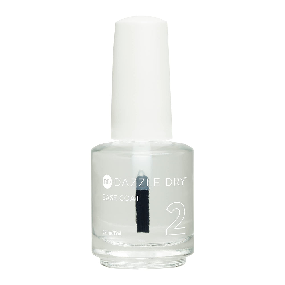 Dazzle Dry Base Coat Step 2 bottle closeup shows fast-drying base for efficient manicures.