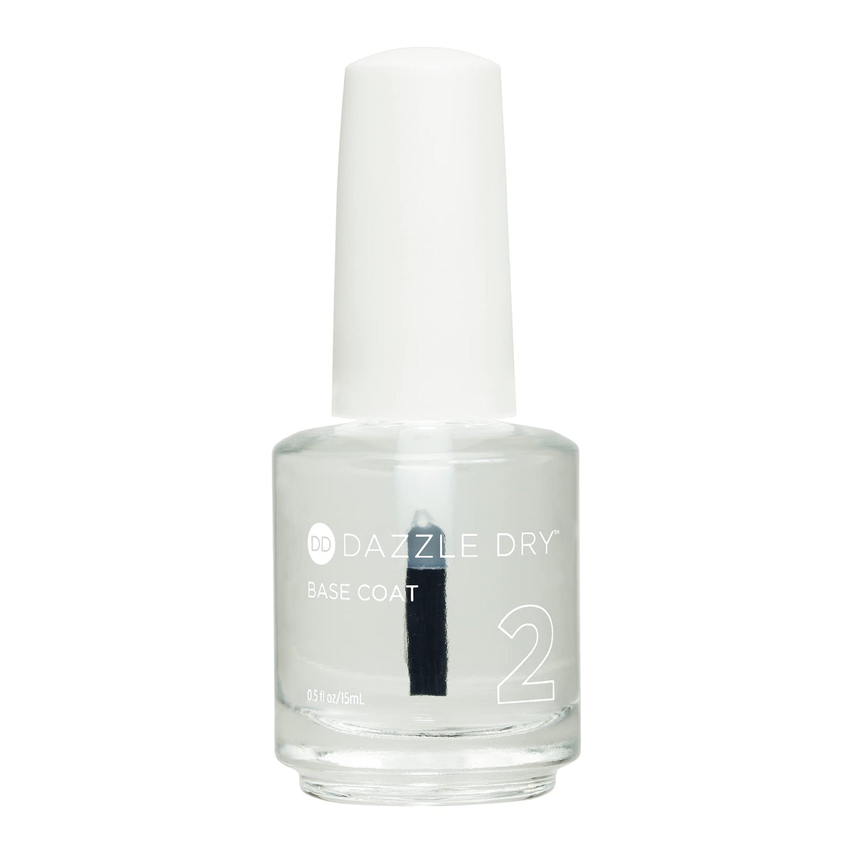 Dazzle Dry Base Coat Step 2 bottle closeup shows fast-drying base for efficient manicures.