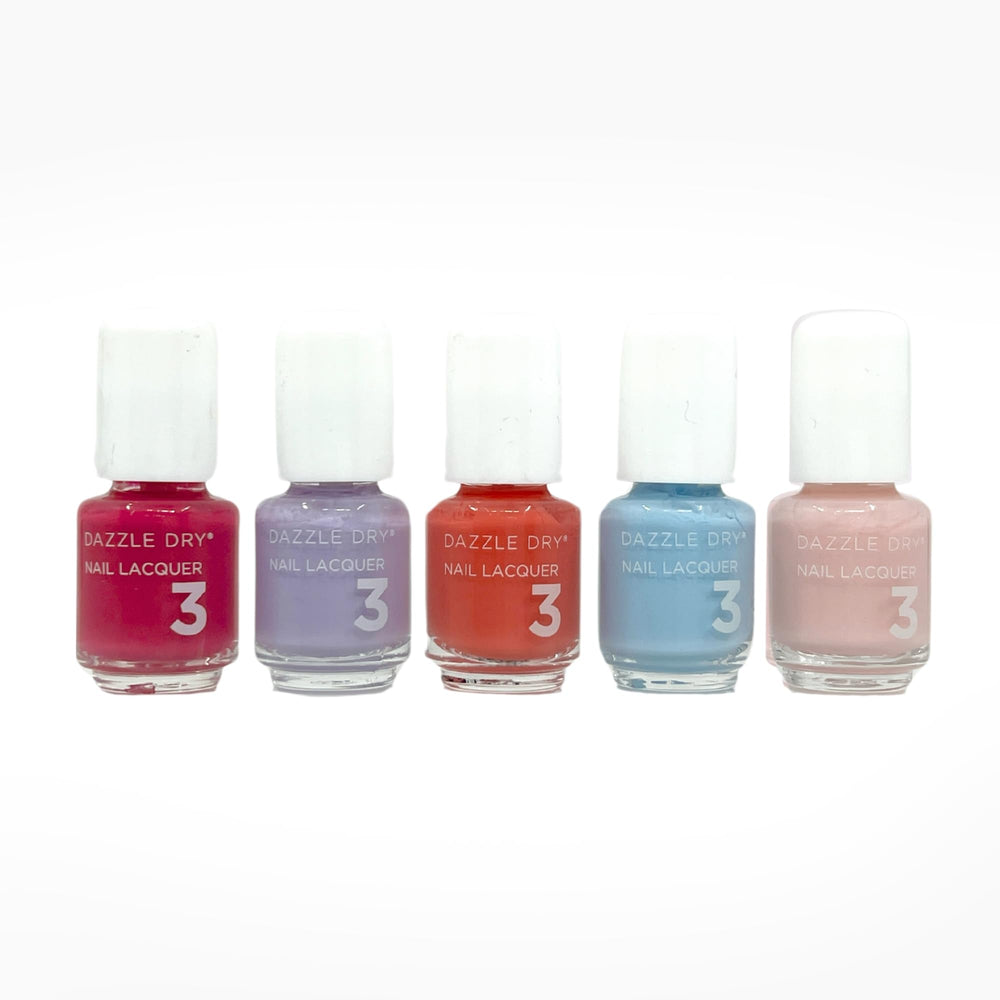 Dazzle Dry Happy Hues Mini Flight with five mini lacquers for fast, long-lasting at-home manicures.