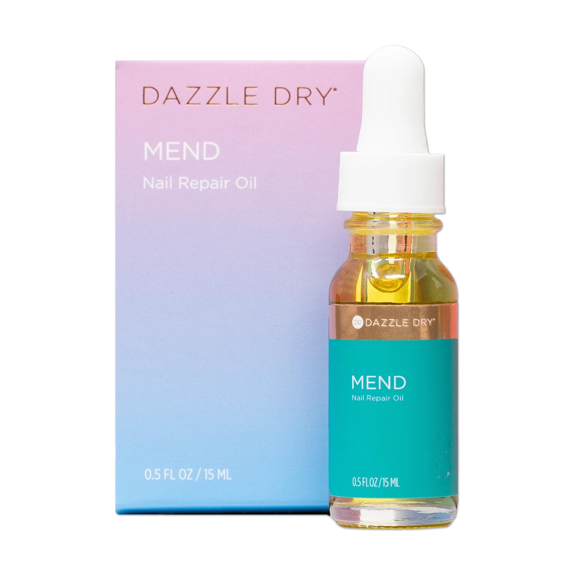Dazzle Dry Mend Nail Repair Oil dropper close-up highlighting nourishing ingredients.