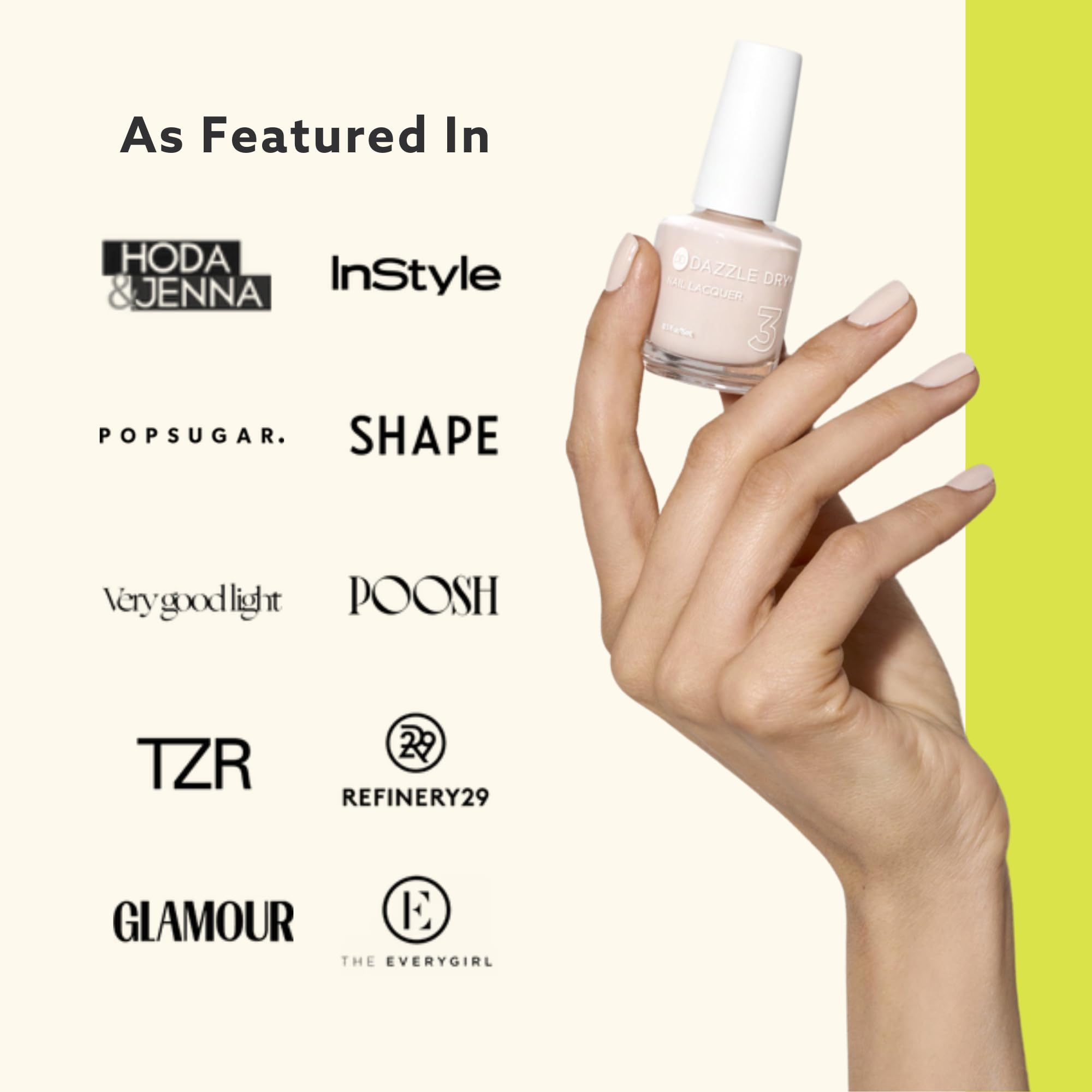 Dazzle Dry hypoallergenic formula bottle emphasizing non-toxic color and durability.
