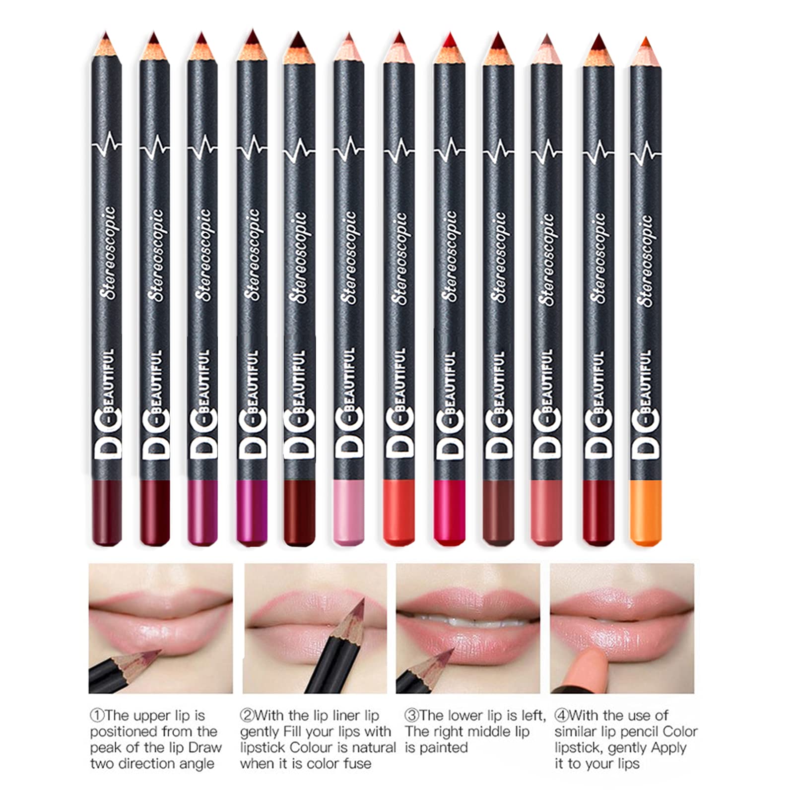 DC-BEAUTIFUL waterproof lip liners prevent feathering during meals and smiles.