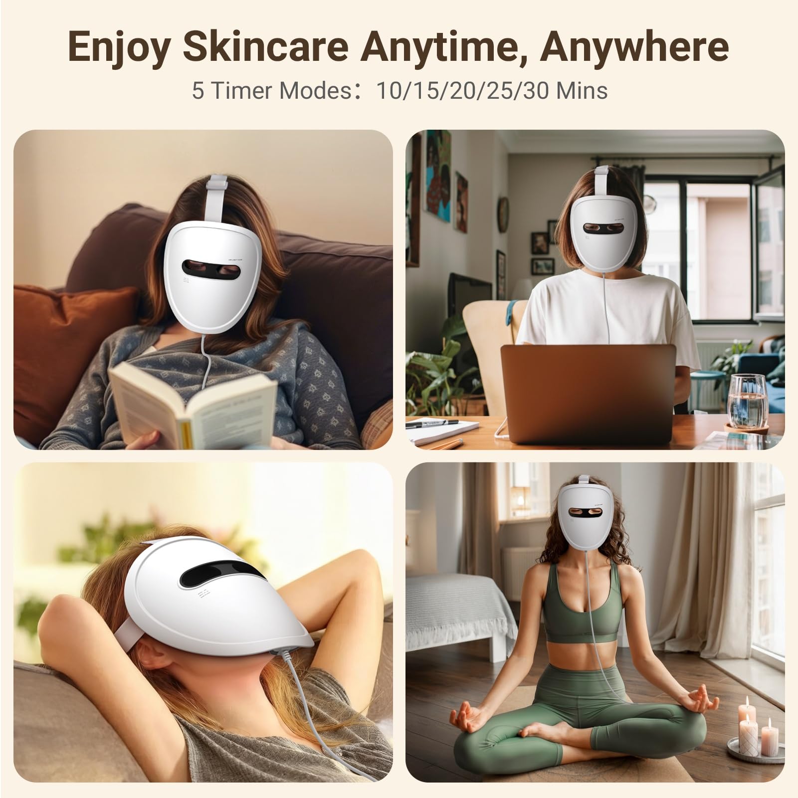 DCBBD LED Face Mask in-use shot highlights four-mode operation for targeted skin benefits.