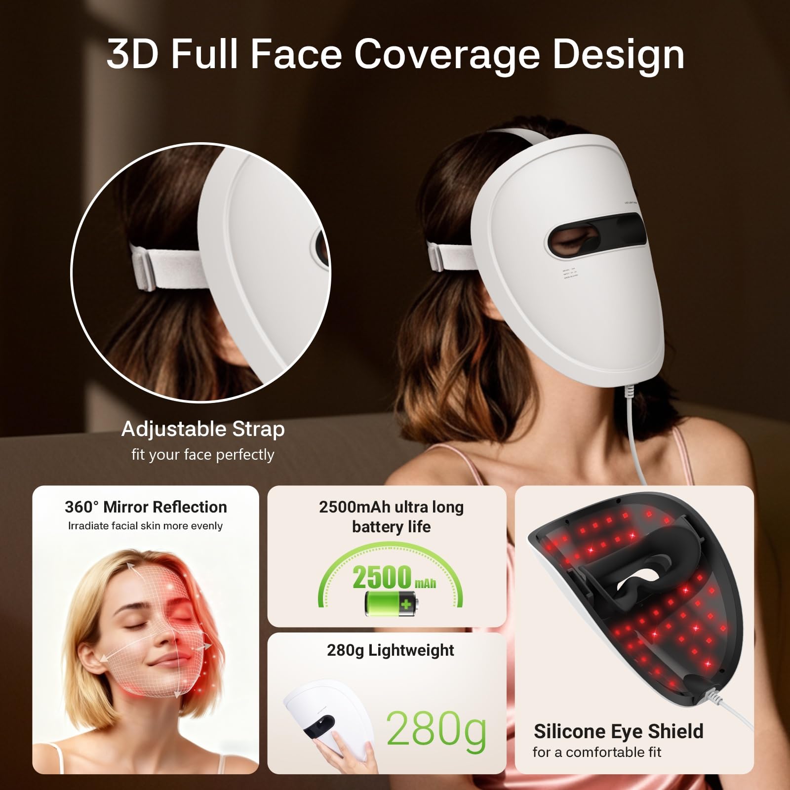 DCBBD LED Face Mask time settings image shows adjustable 10–30 minute treatments.