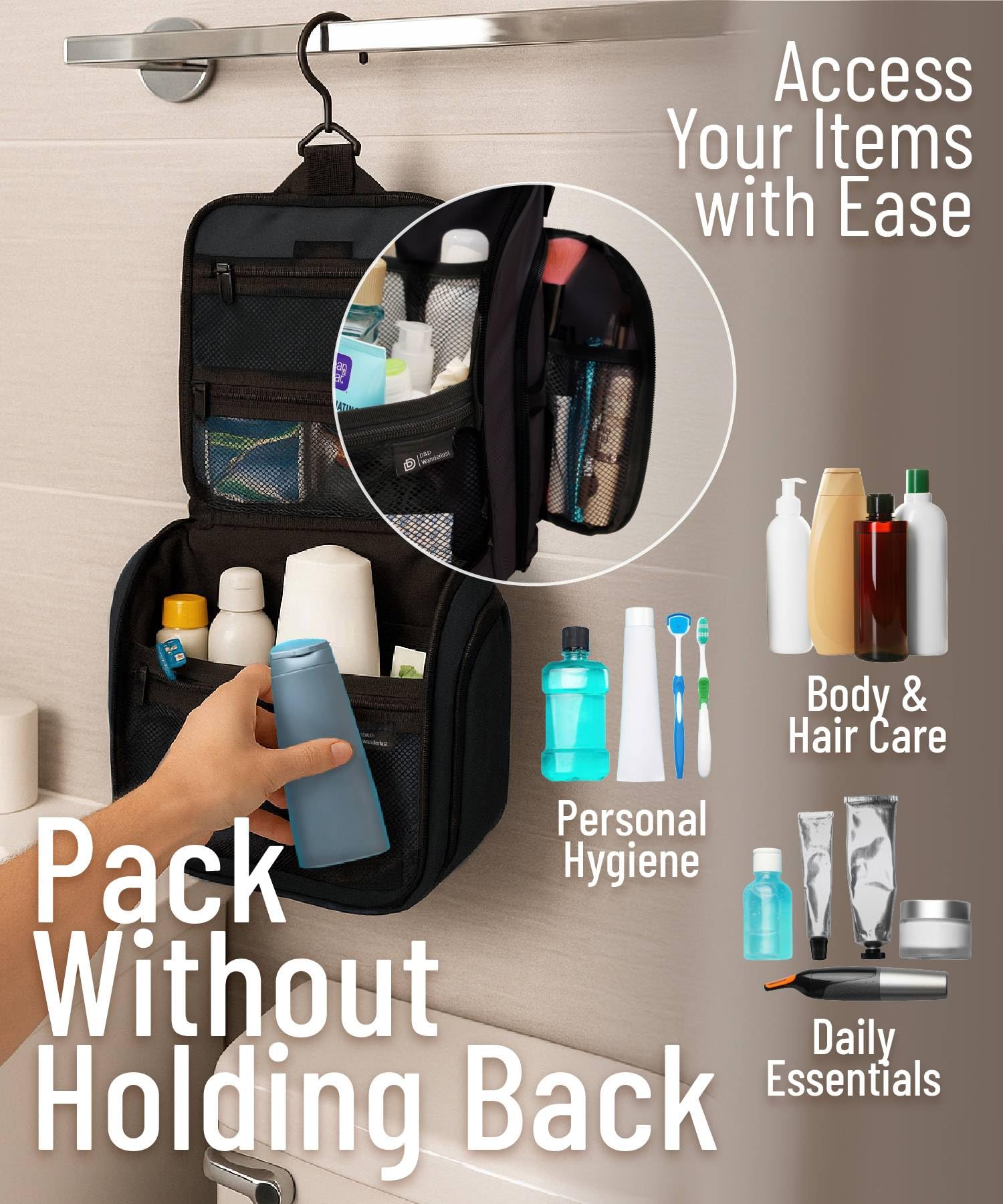 DD D&D Wanderlust interior compartments organize cosmetics and toiletries neatly.