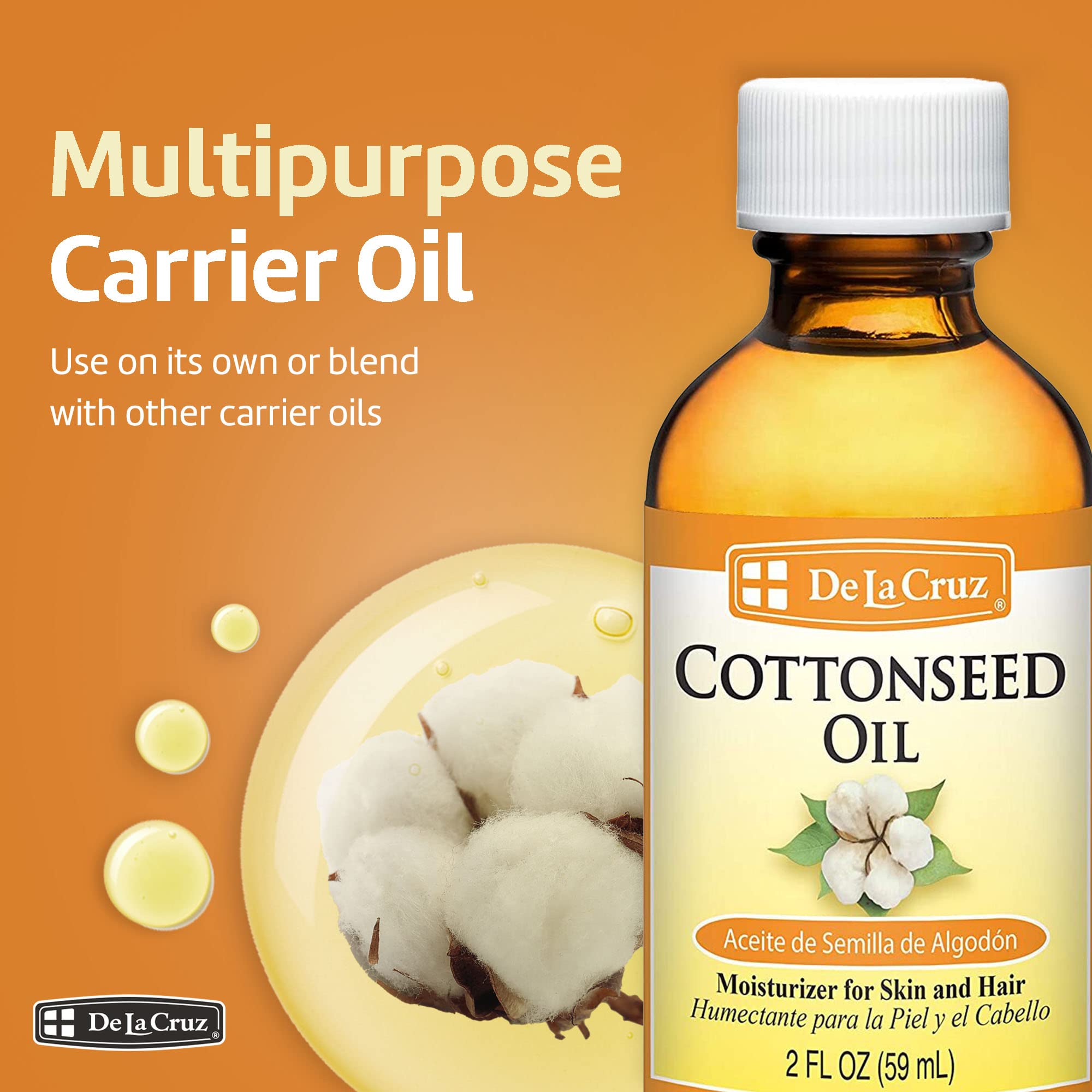 De La Cruz Aceite de Algodón, uso diario recomendado para piel y cabello.