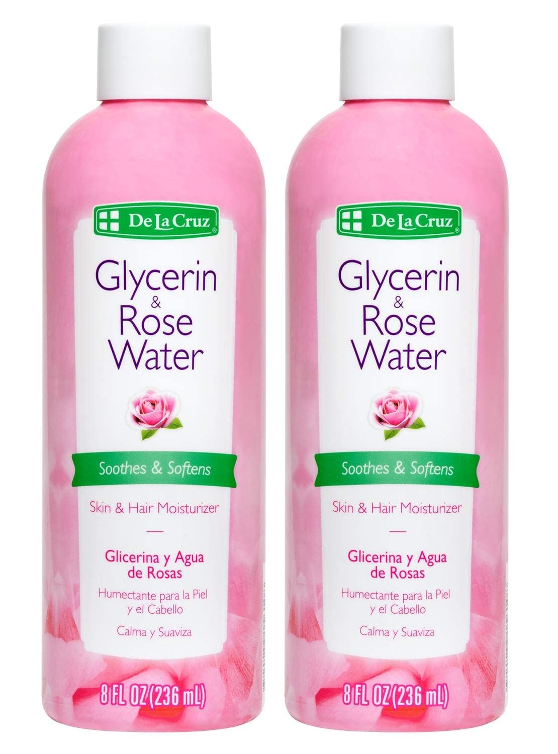 De La Cruz Rose Water bottle close-up with rose petals for gentle skin hydration.