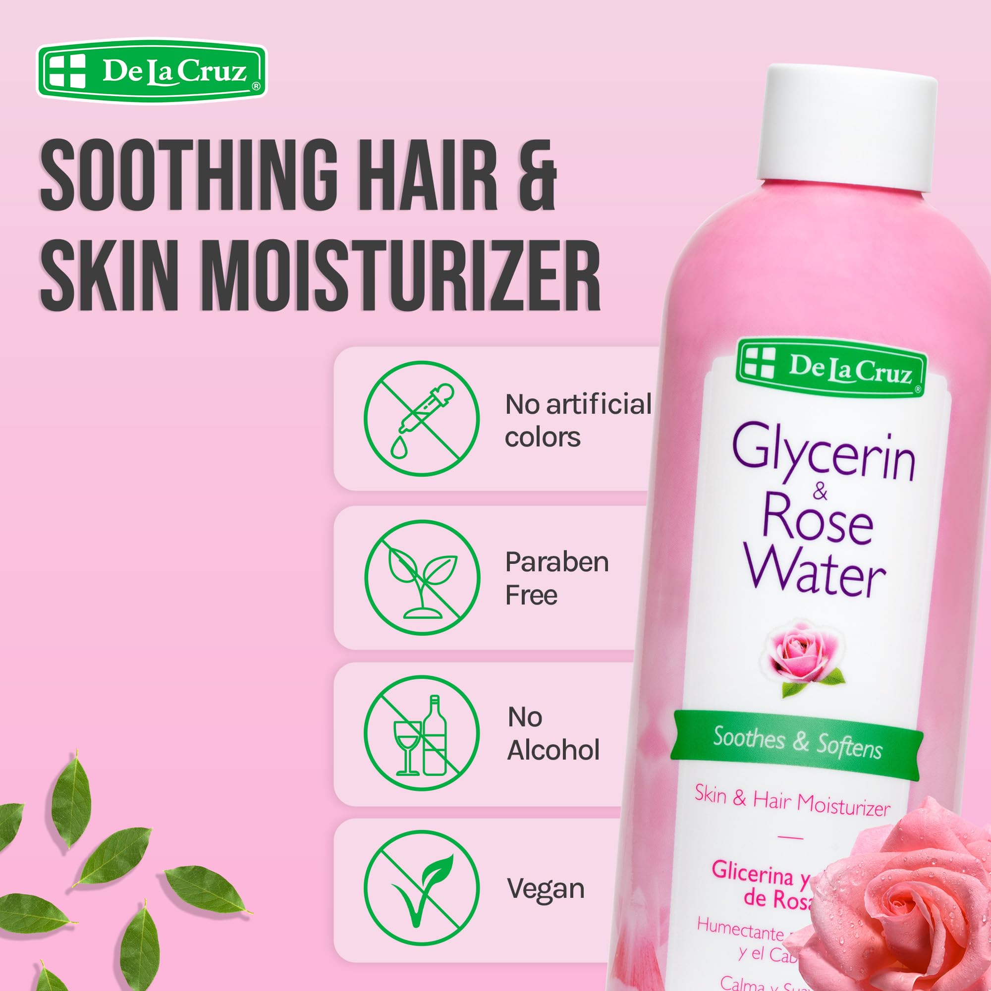 De La Cruz Rose Water glycerin label highlights hydration and barrier support.
