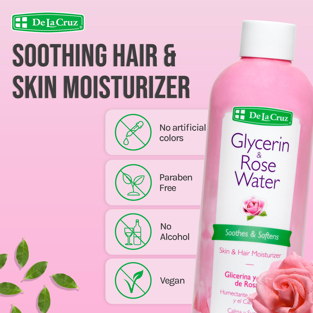 De La Cruz Rose Water glycerin label highlights hydration and barrier support.