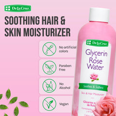 De La Cruz Rose Water glycerin label highlights hydration and barrier support.