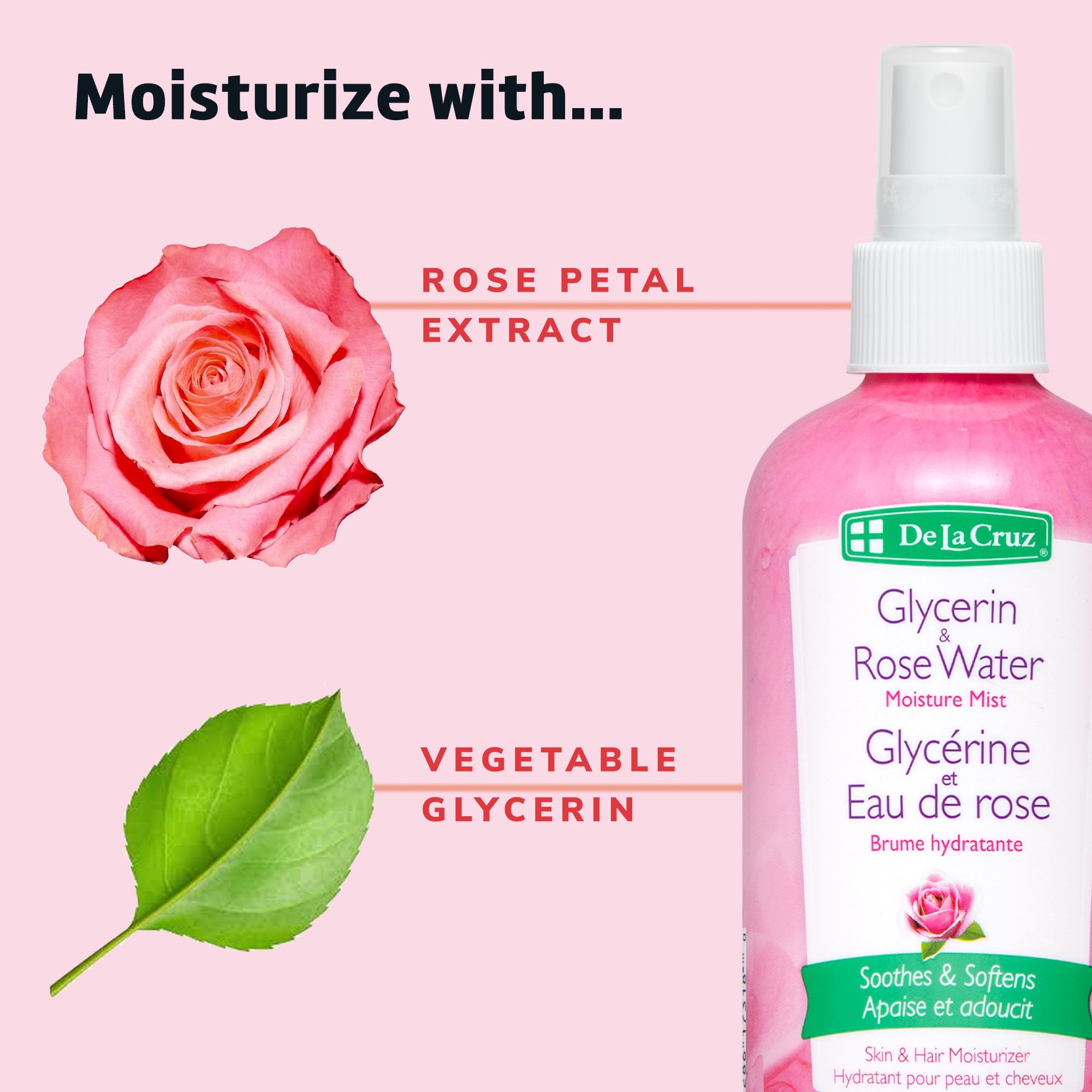 De La Cruz Rose Water and Glycerin Spray for daytime face and neck hydration.