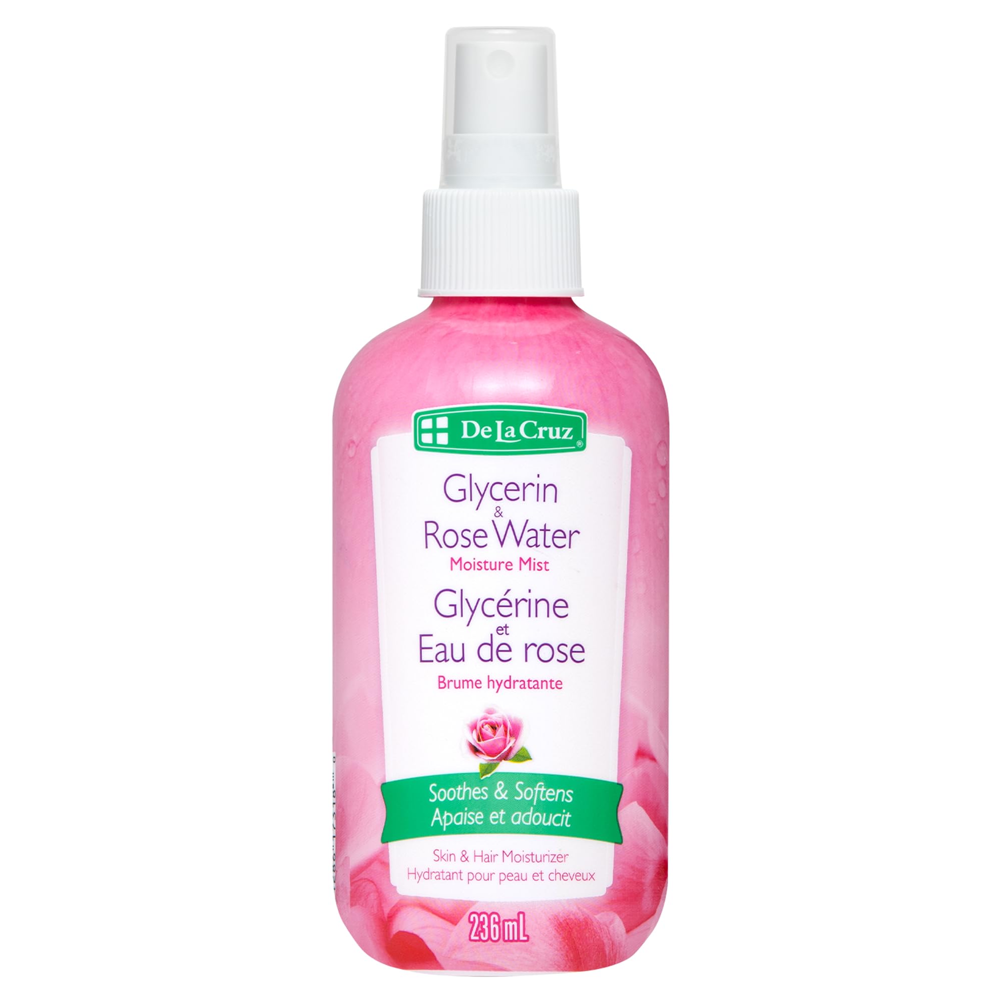 De La Cruz Rose Water and Glycerin Spray on face for hydrating refreshment.