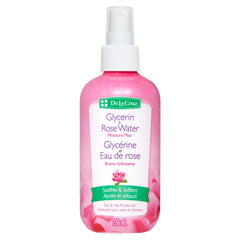 De La Cruz Rose Water and Glycerin Spray on face for hydrating refreshment.