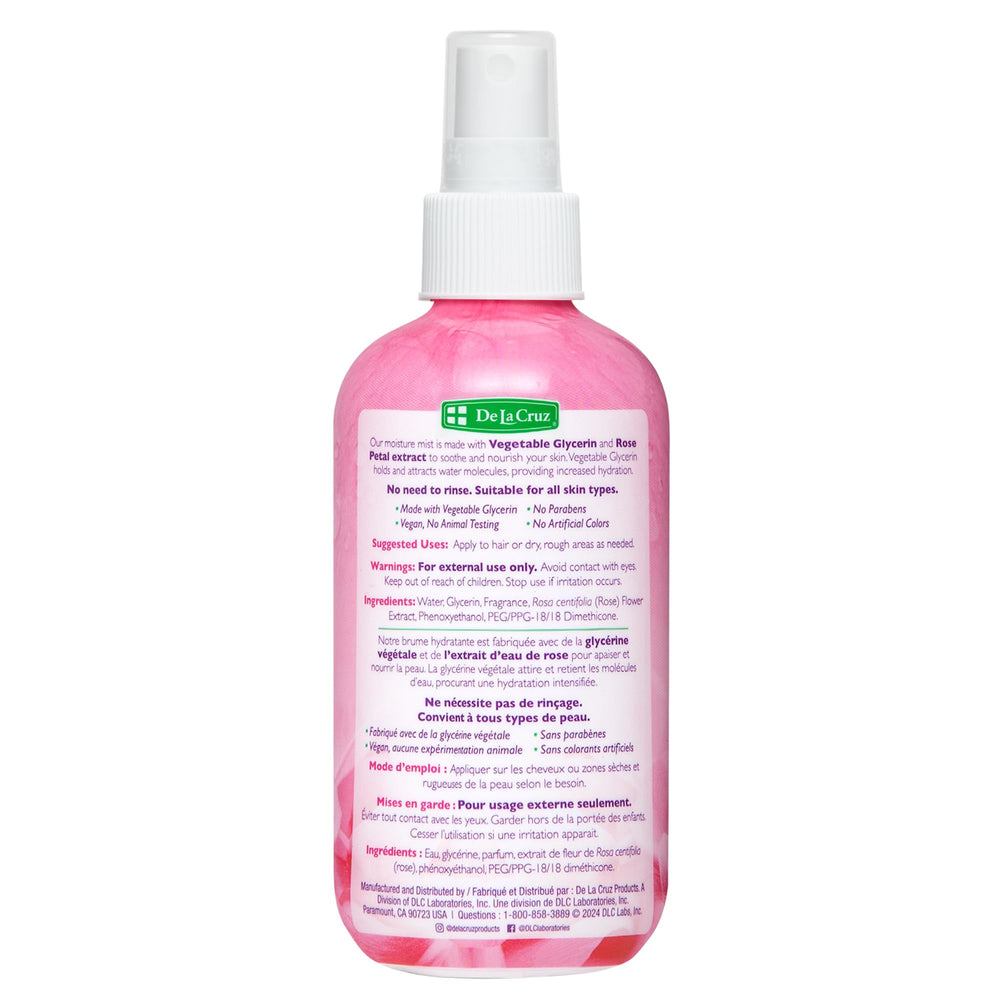 De La Cruz Rose Water and Glycerin Spray used in hair care for moisturized strands.
