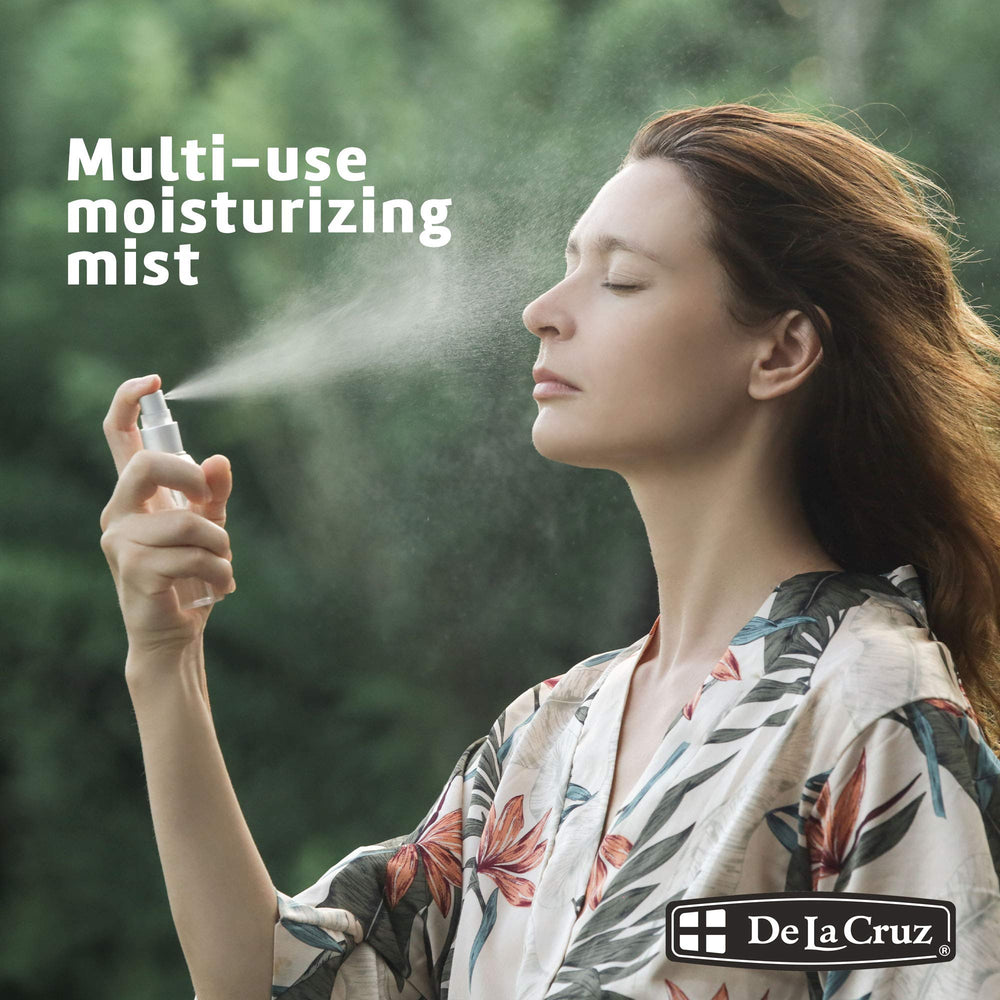 De La Cruz Rose Water and Glycerin Spray nozzle top showing easy mist.