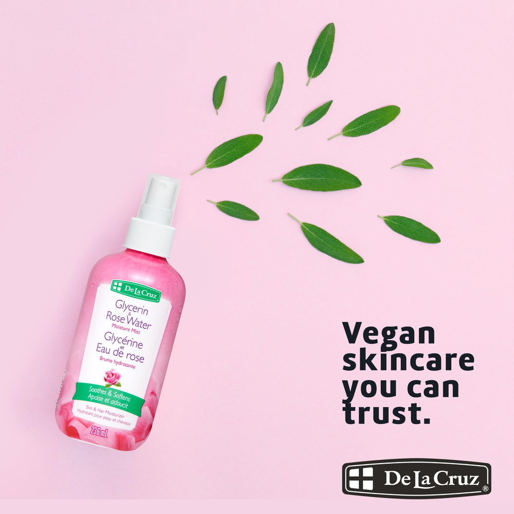 De La Cruz Rose Water and Glycerin Spray USA-made label and clean formula.