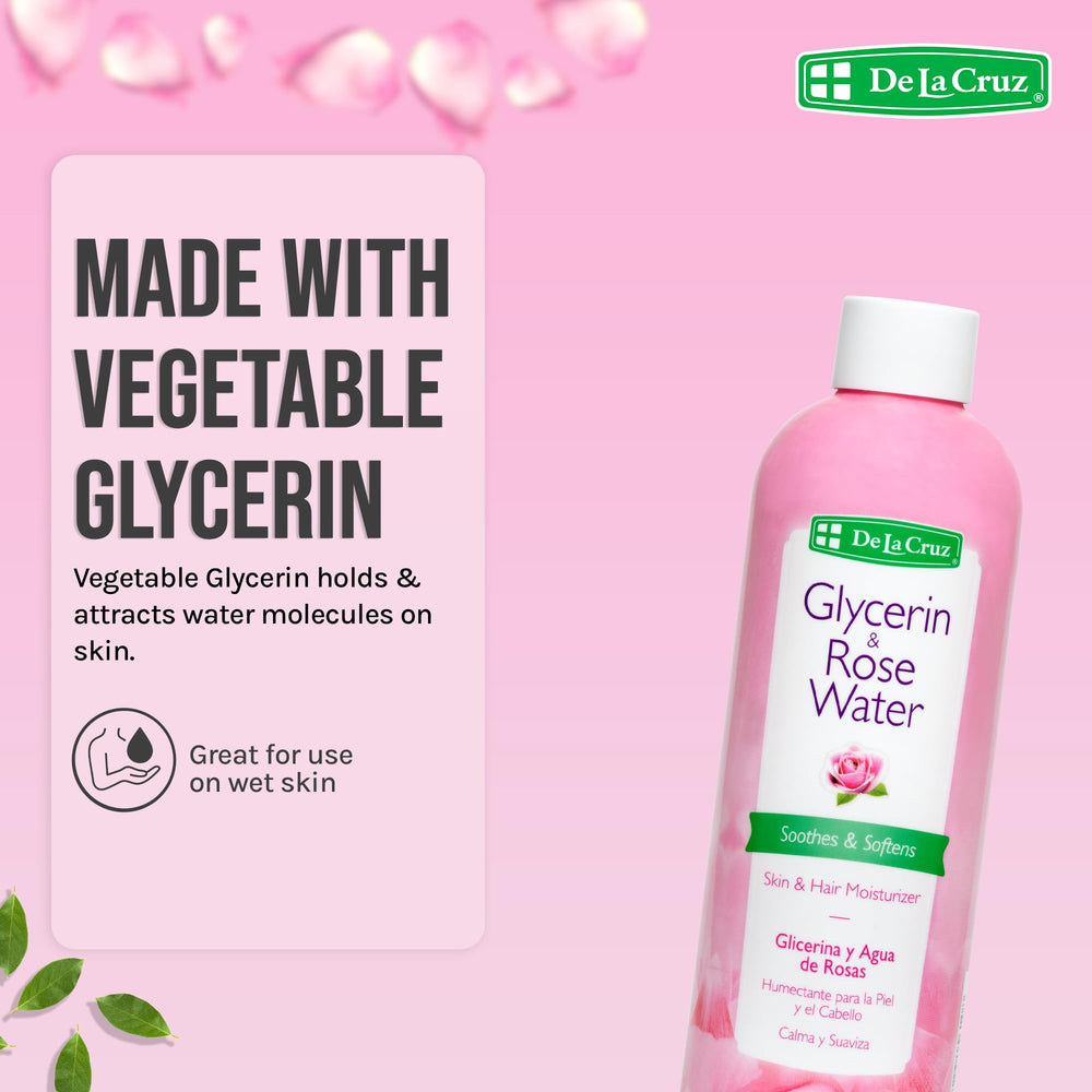 De La Cruz Rose Water bottle in hair care routine for light hydration.