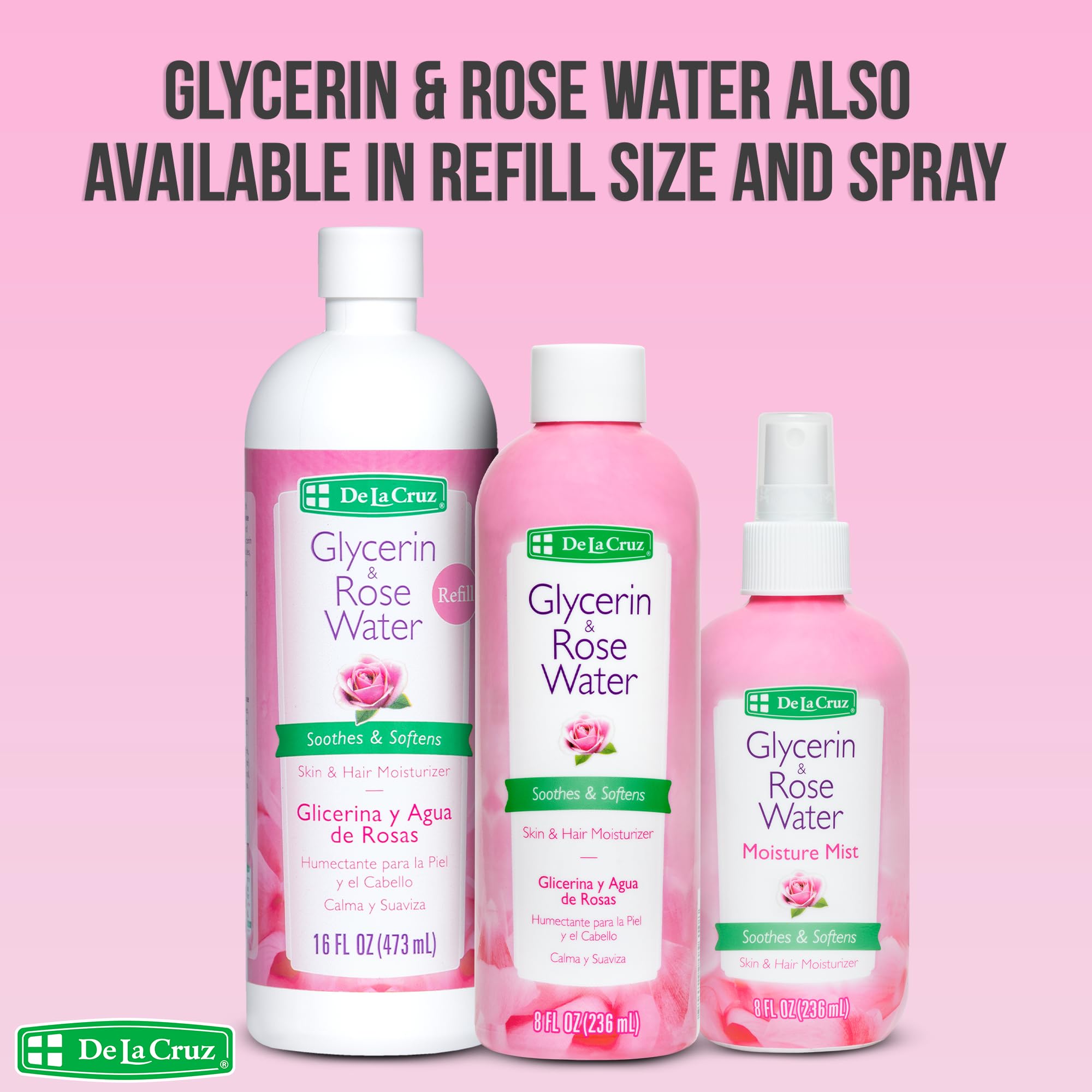De La Cruz Rose Water bottle with rose petals and natural fragrance.