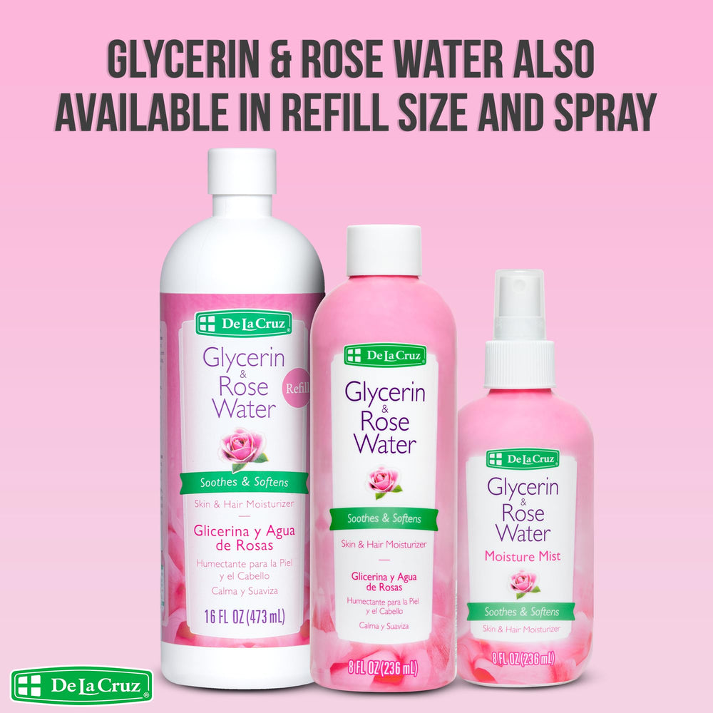 De La Cruz Rose Water bottle with rose petals and natural fragrance.