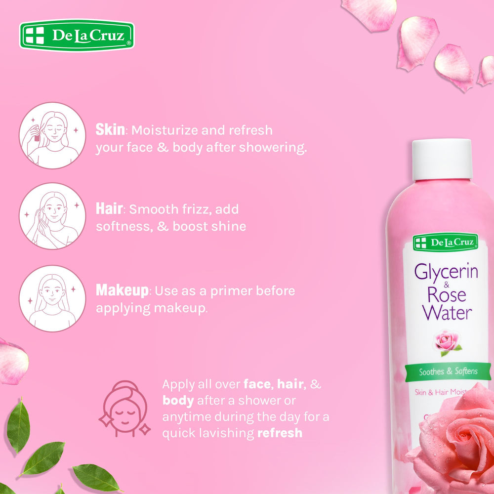 De La Cruz Rose Water ingredient shot with glycerin and rose petals.