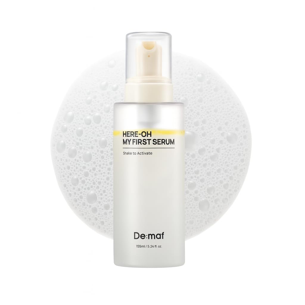 De:maf Here-Oh My First Hydrating Serum bottle with pump delivering deep hydration for dry skin.