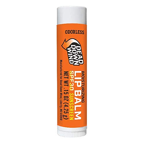 Dead Down Wind SPF 30 lip balm close-up shows beeswax texture and smooth application.